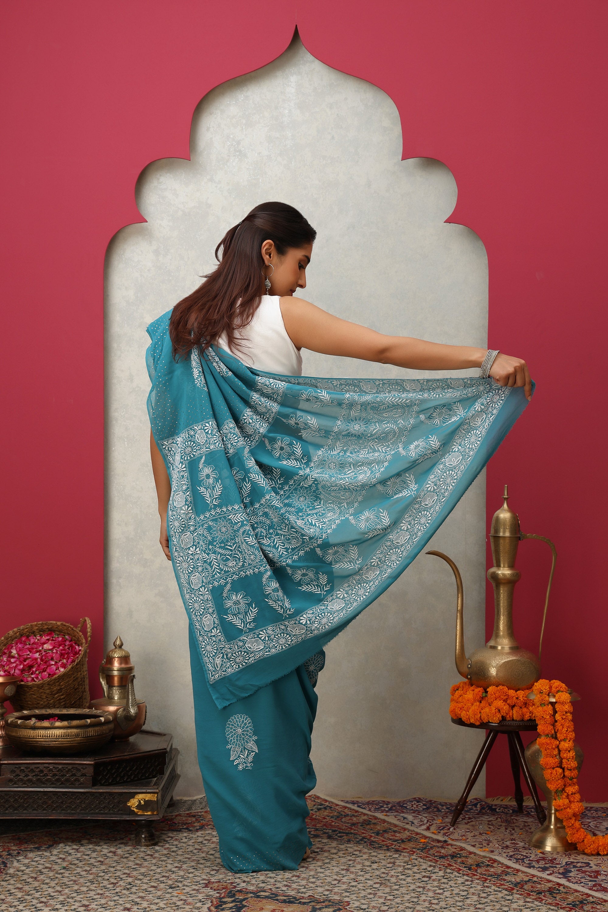 Teal blue pure georgette silk, hand embroidered Chikankari saree with mukaish handwork