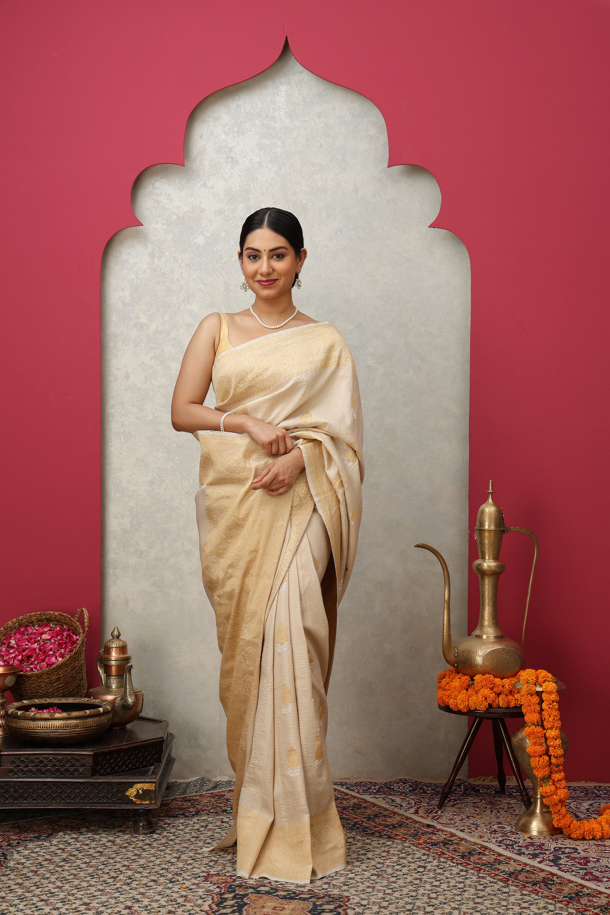Beige antique gold zari pure Tussar-georgette silk saree