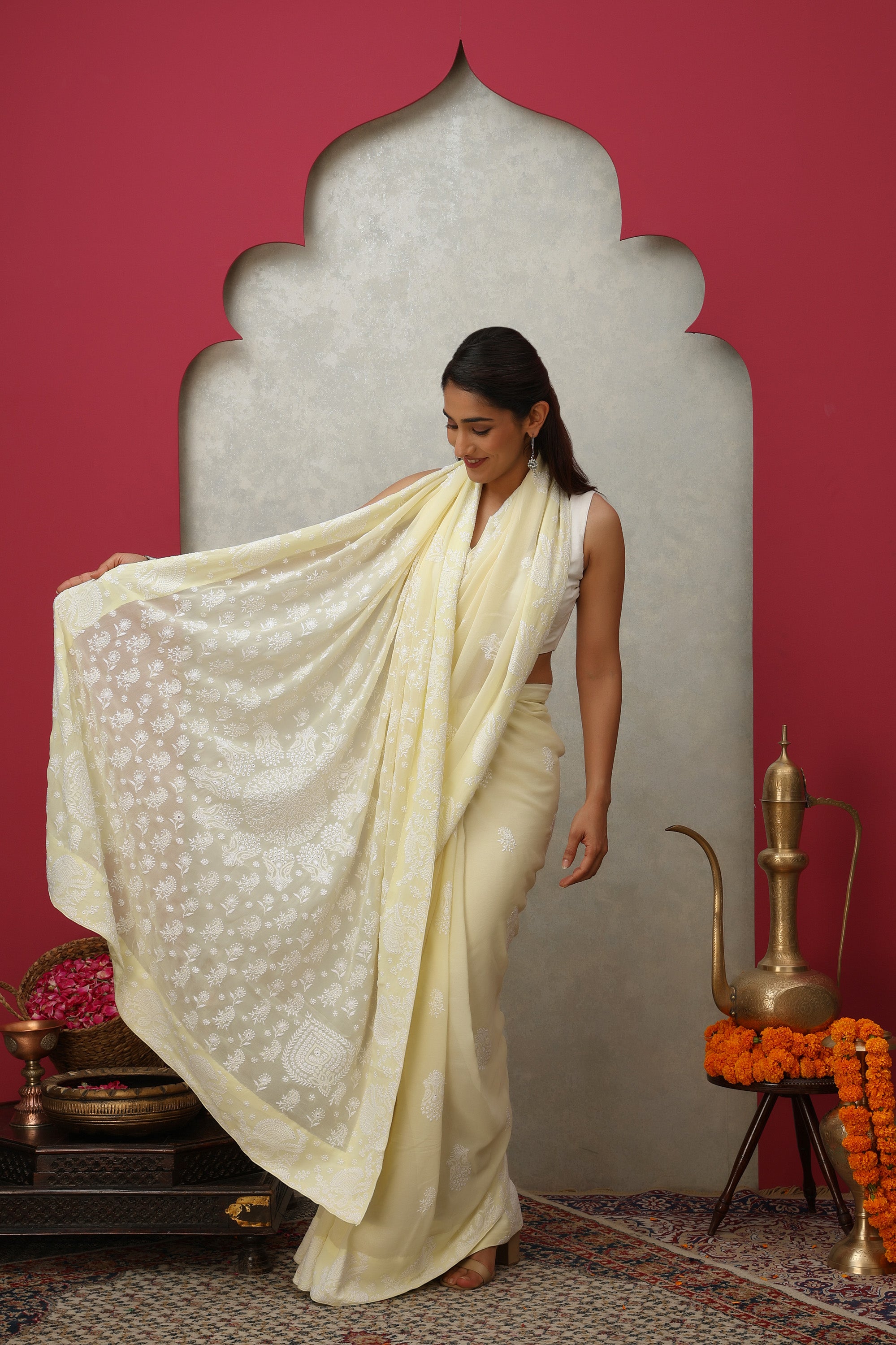 Almond cream pure heavy georgette silk saree with fine detailed hand embroidered Chikankari work
