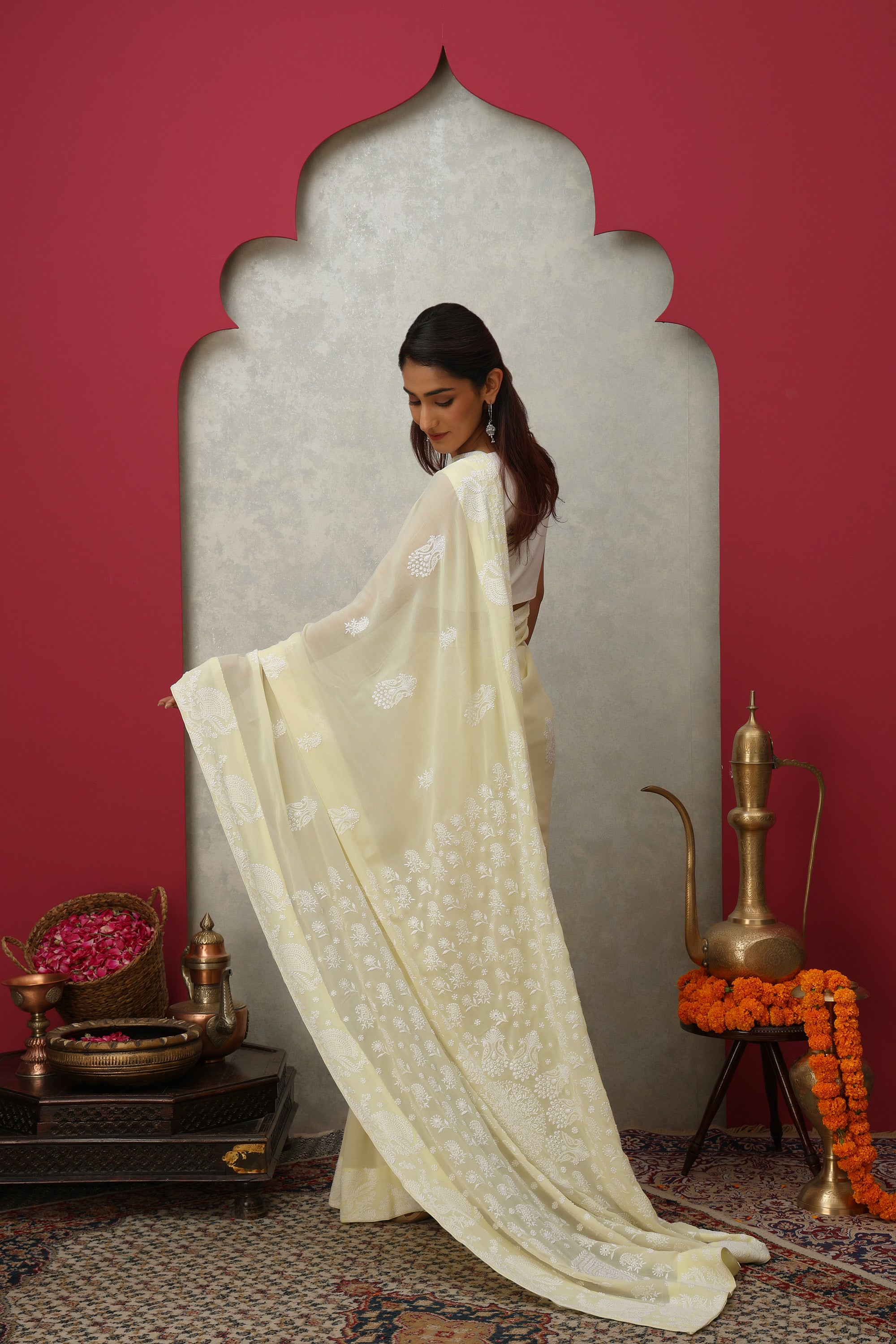 Almond cream pure heavy georgette silk saree with fine detailed hand embroidered Chikankari work