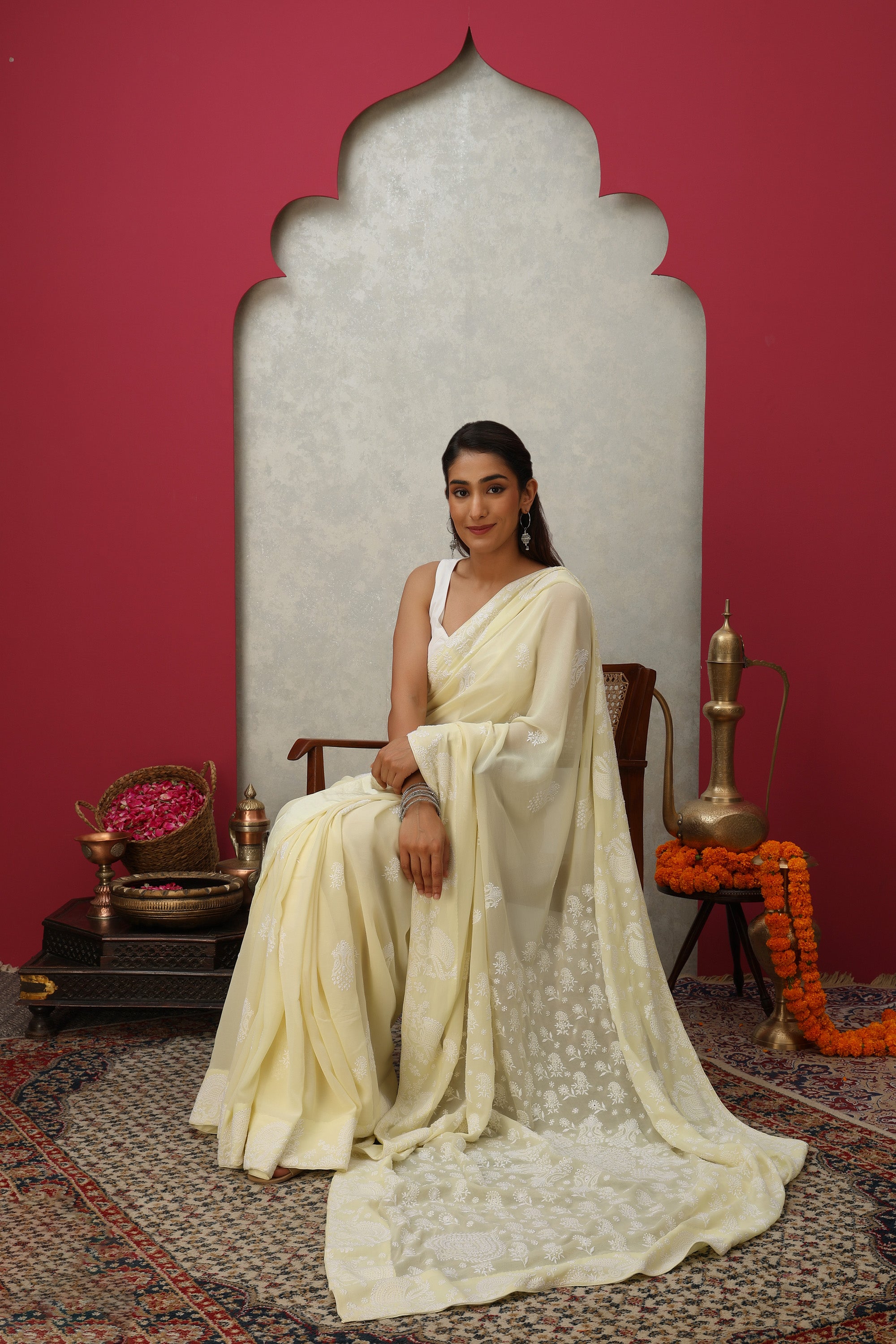 Almond cream pure heavy georgette silk saree with fine detailed hand embroidered Chikankari work