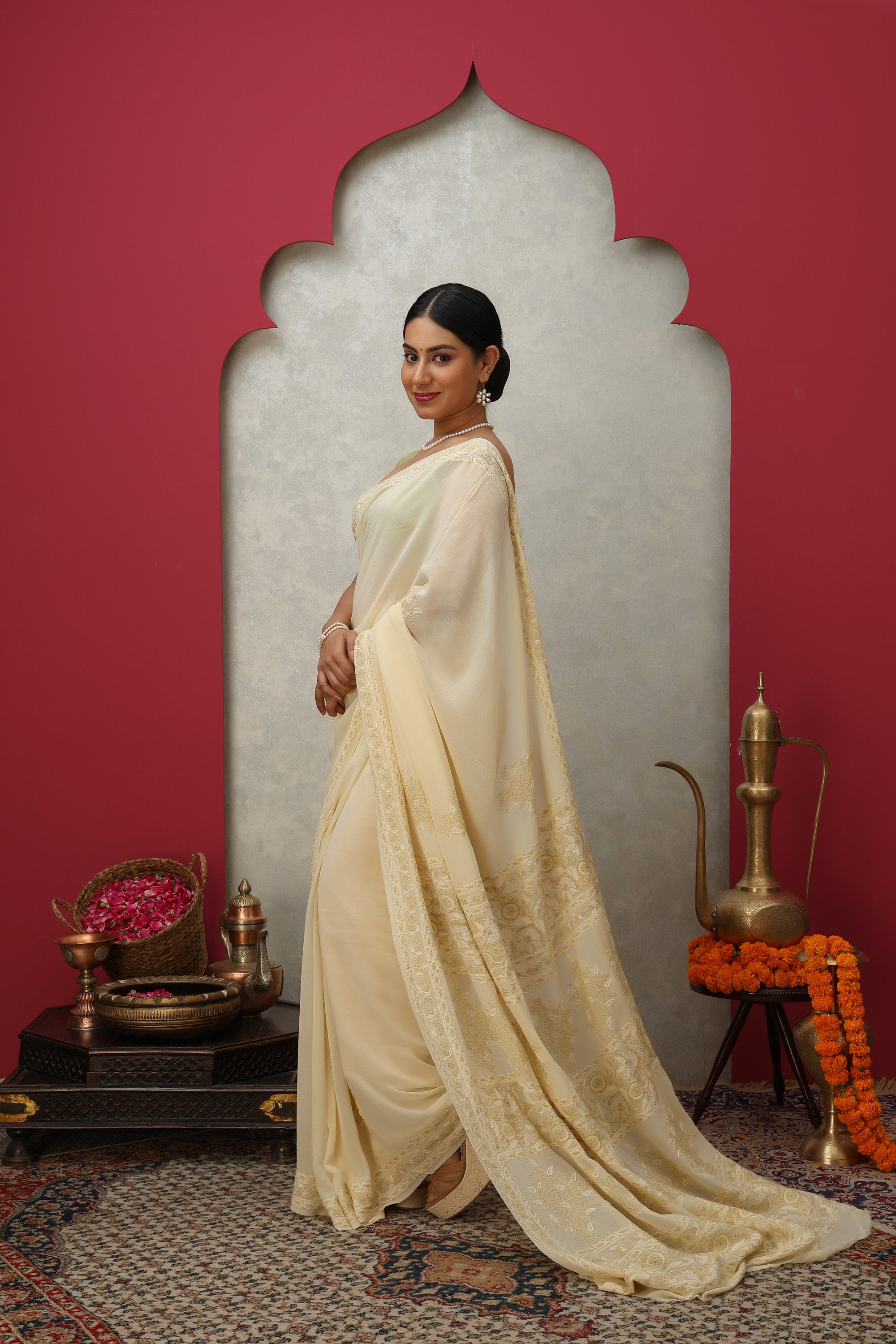 Minted Cream pure heavy georgette silk saree with fine embroidered Chikankari work
