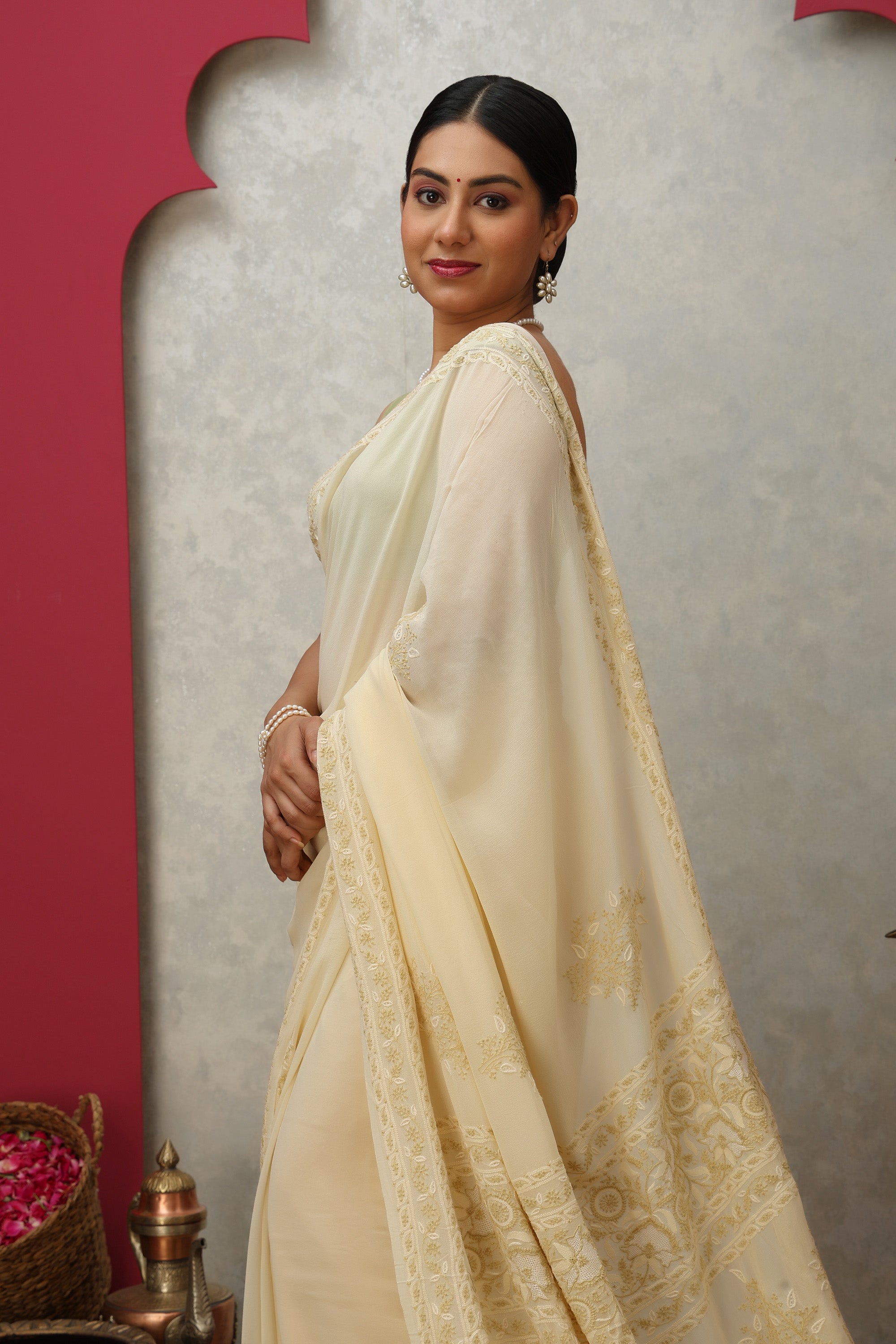 Minted Cream pure heavy georgette silk saree with fine embroidered Chikankari work
