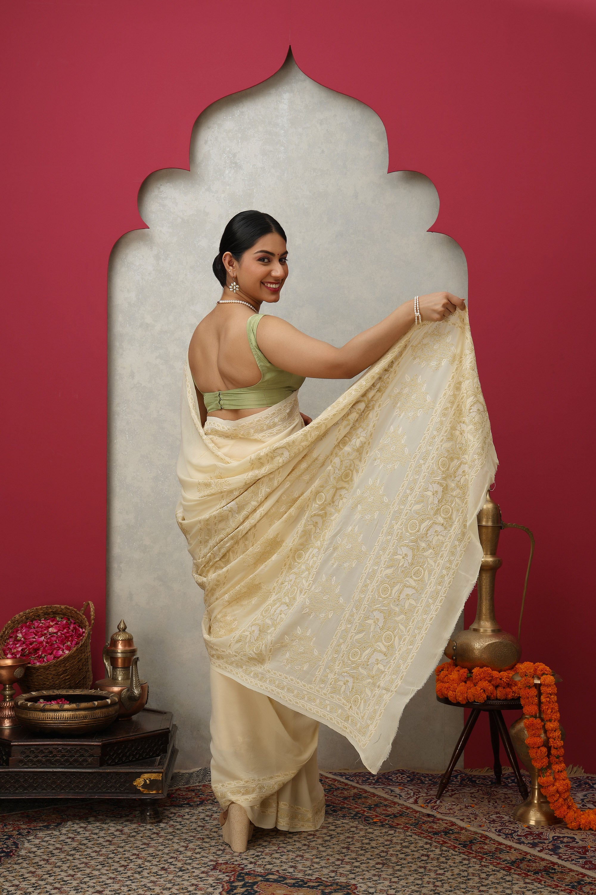 Minted Cream pure heavy georgette silk saree with fine embroidered Chikankari work