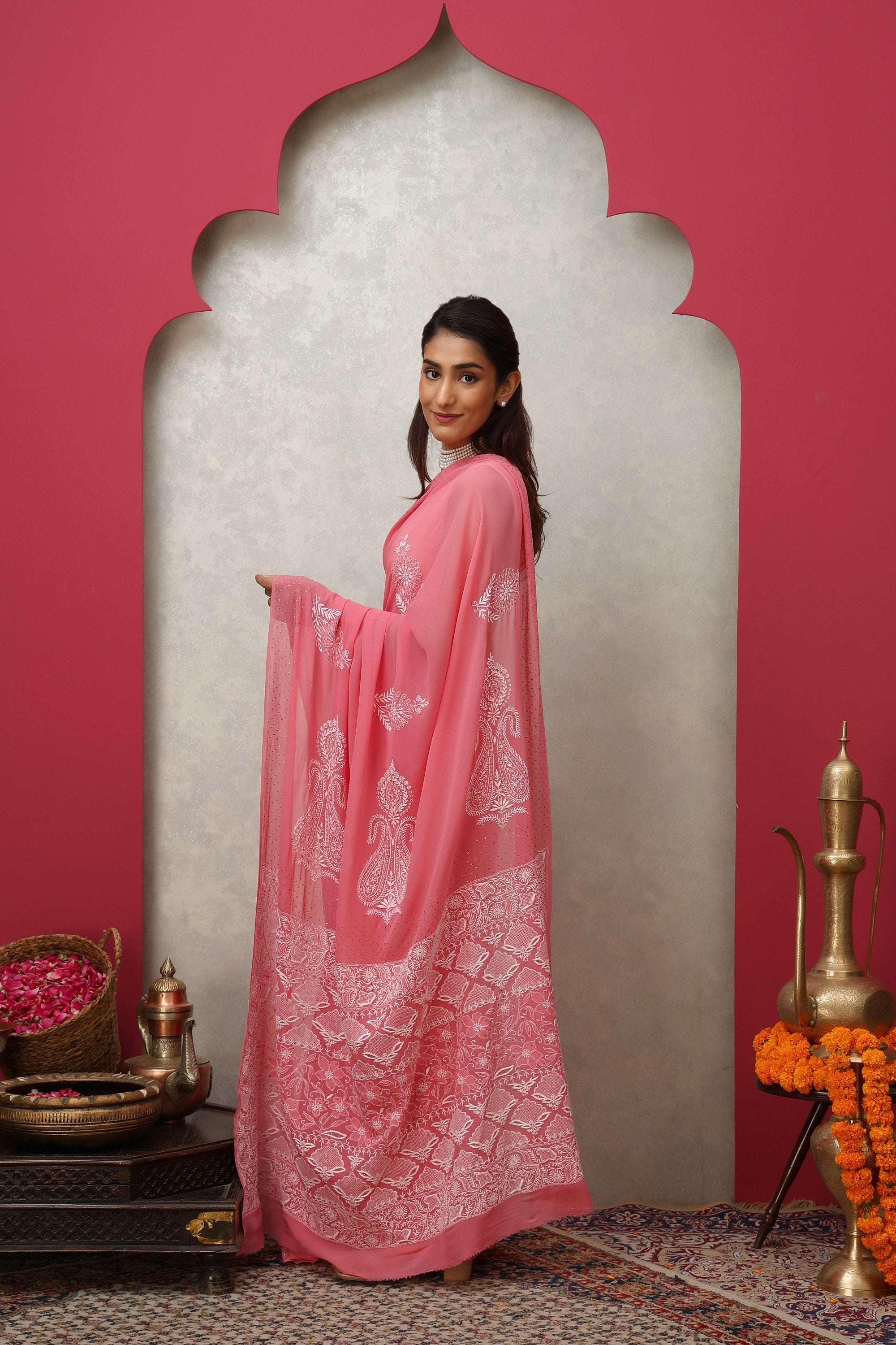Classy Pomegranate Pink pure heavy georgette silk hand embroidered Chikankari saree