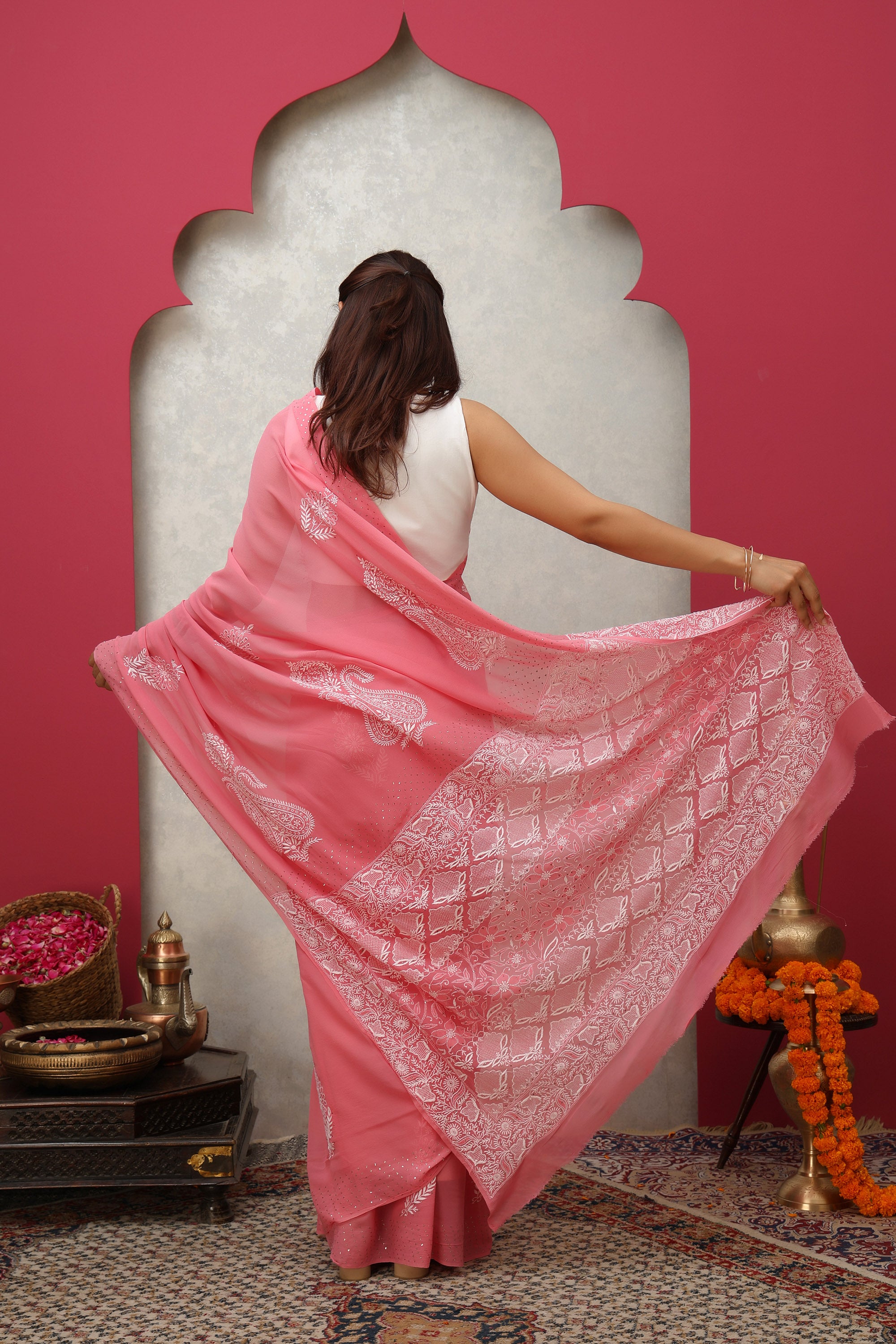 Classy Pomegranate Pink pure heavy georgette silk hand embroidered Chikankari saree