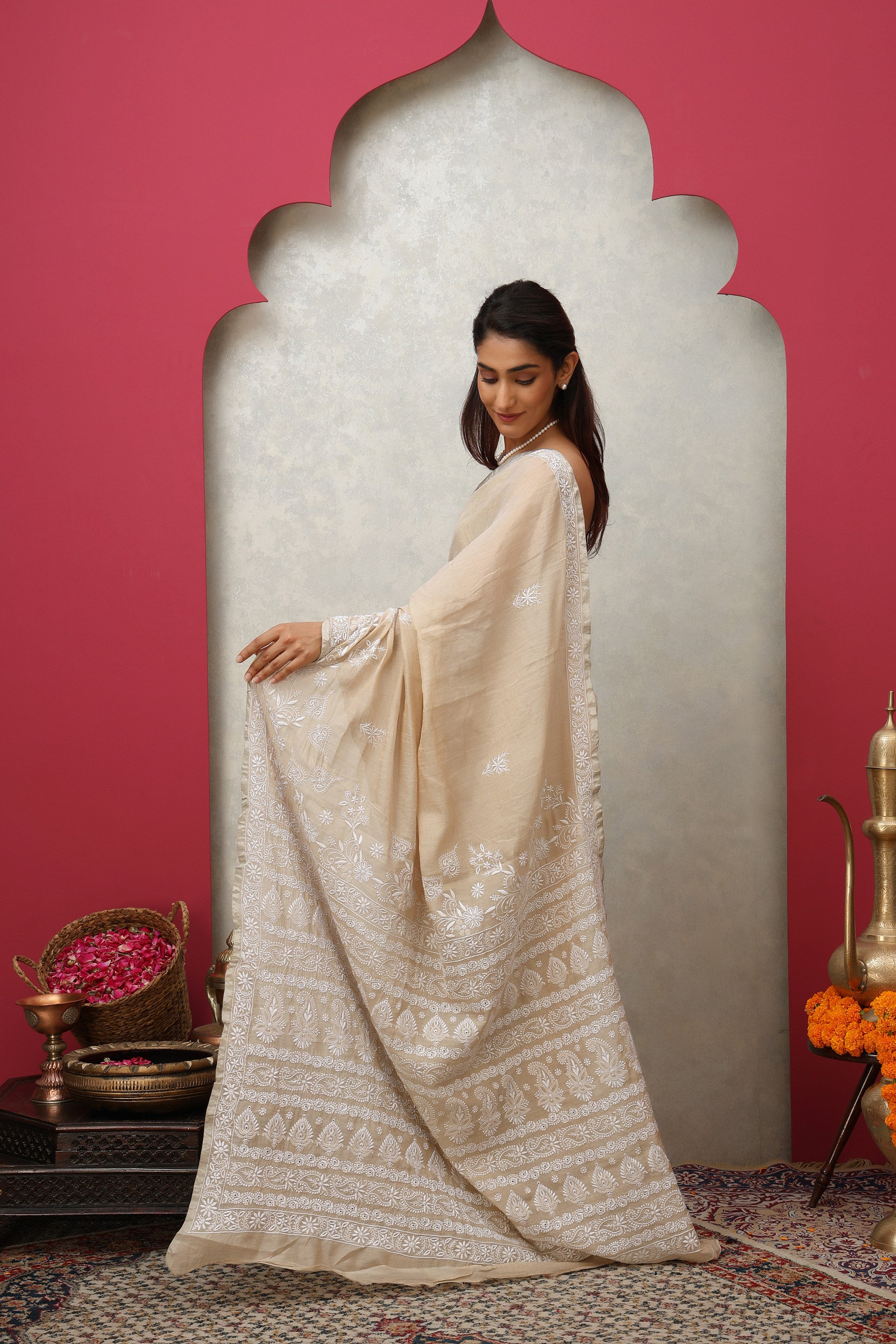 Shimmering beige pure silk tissue fine hand embroidered Chikankari saree