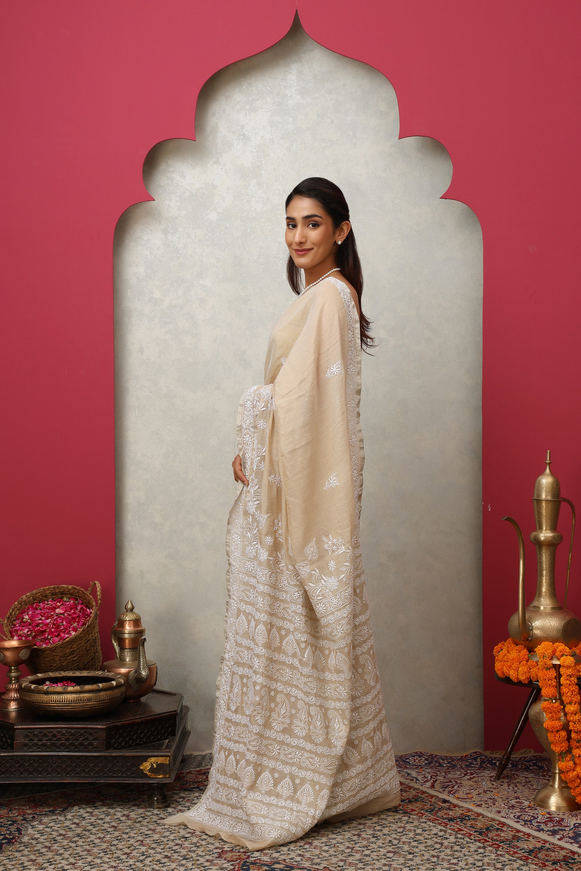 Shimmering beige pure silk tissue fine hand embroidered Chikankari saree