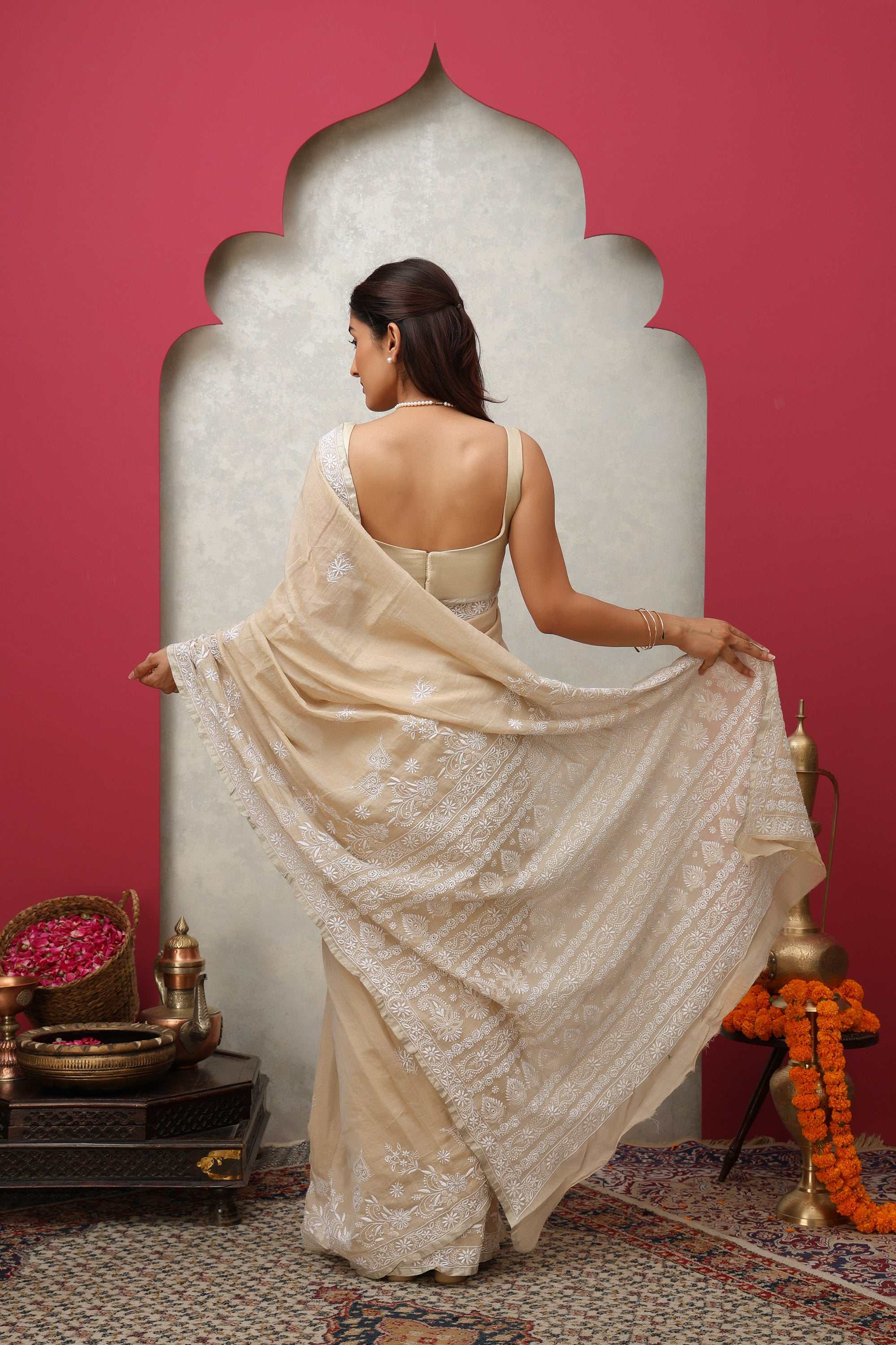 Shimmering beige pure silk tissue fine hand embroidered Chikankari saree