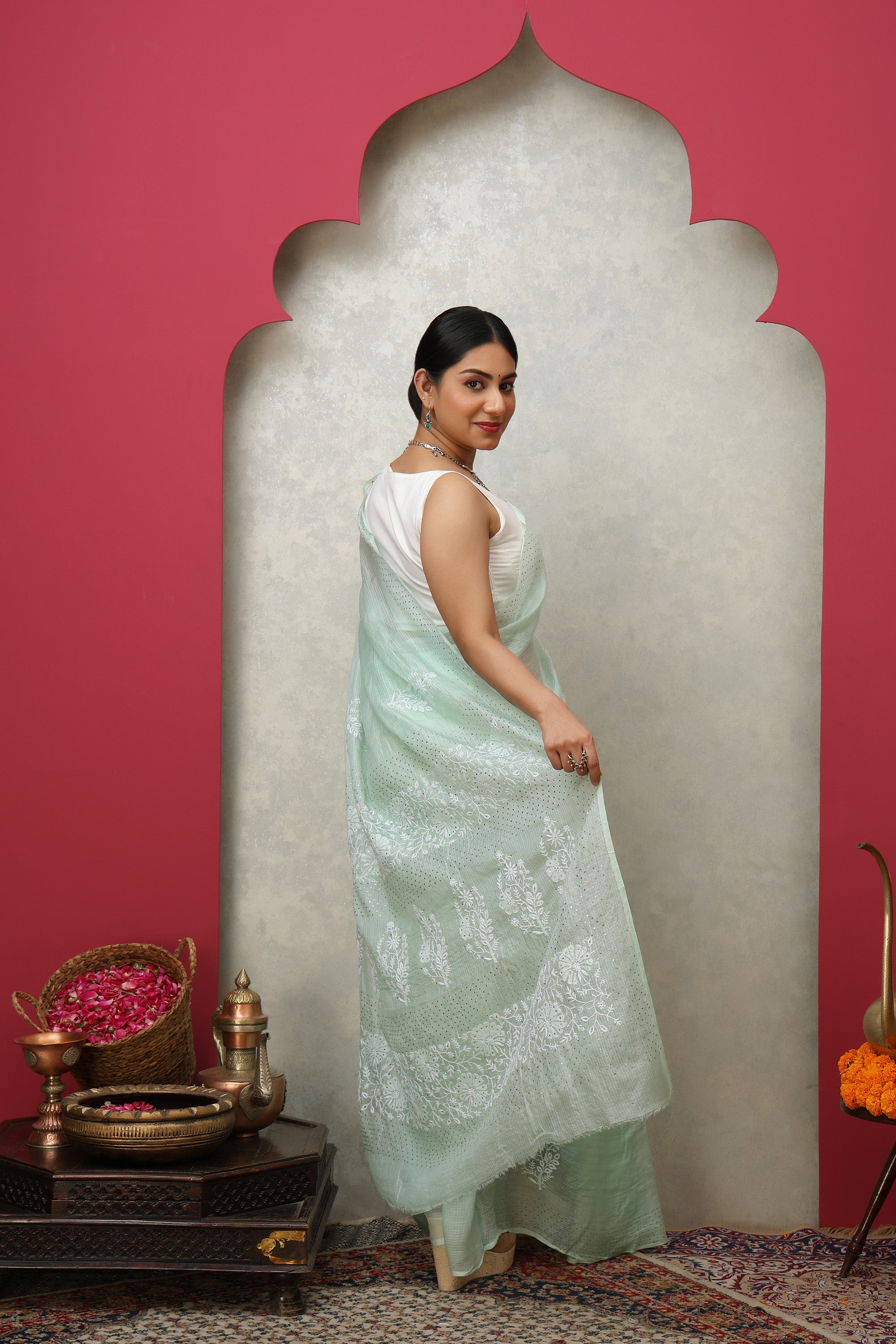 Pistachio Mist green Kota Doria pure silk-cotton saree with hand embroidered Chikankari and mukaish work