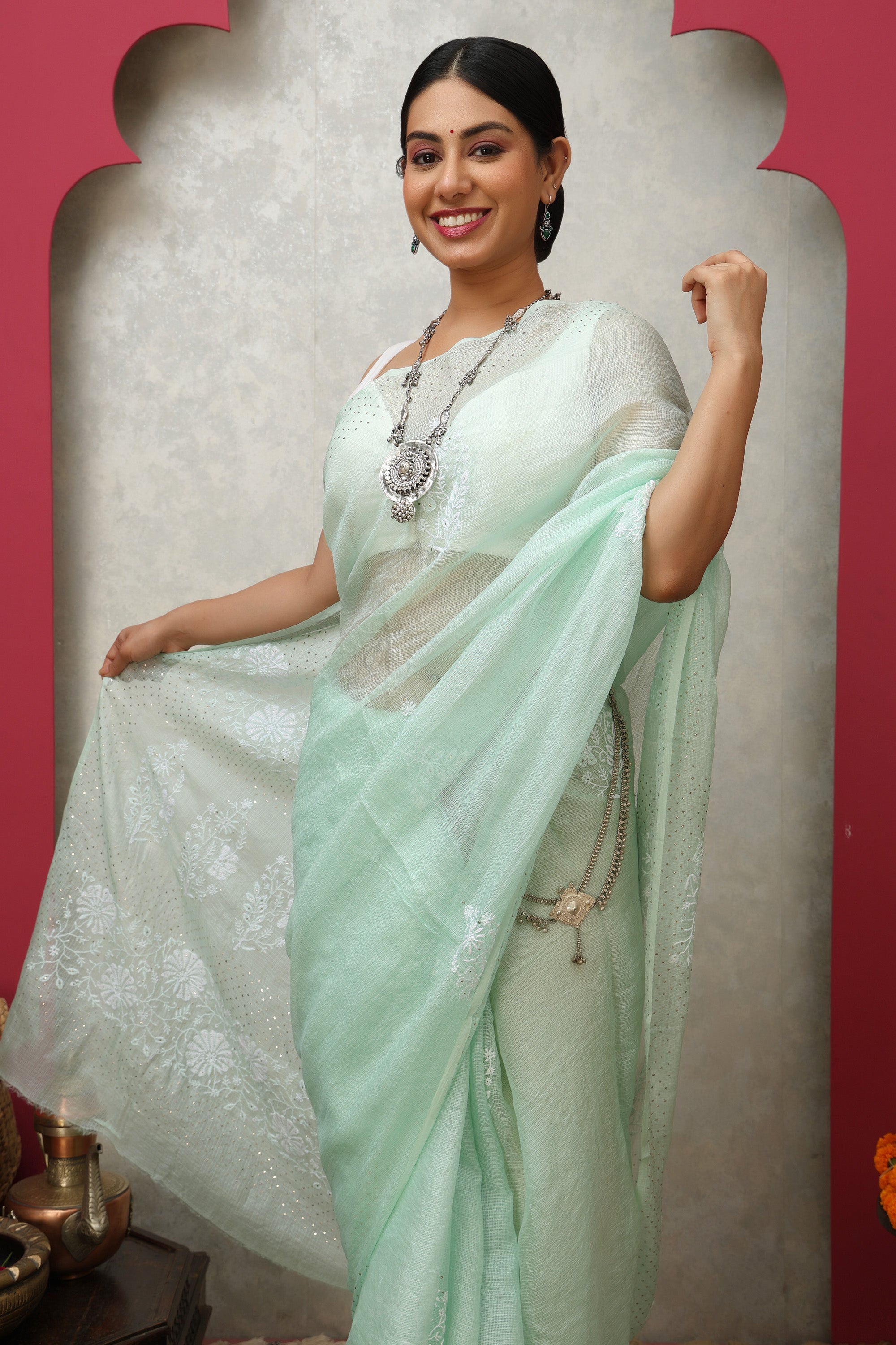 Pistachio Mist green Kota Doria pure silk-cotton saree with hand embroidered Chikankari and mukaish work