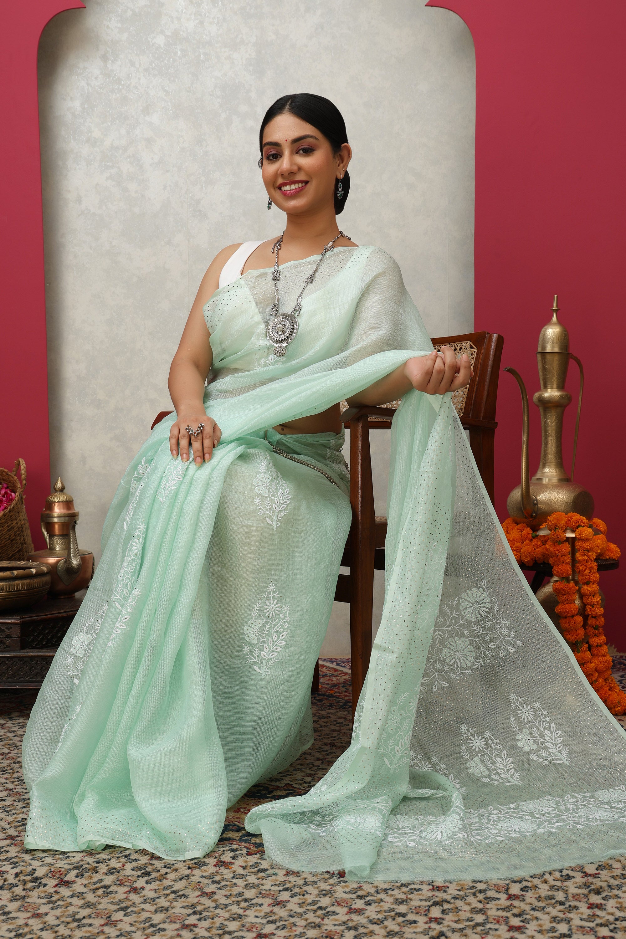 Pistachio Mist green Kota Doria pure silk-cotton saree with hand embroidered Chikankari and mukaish work