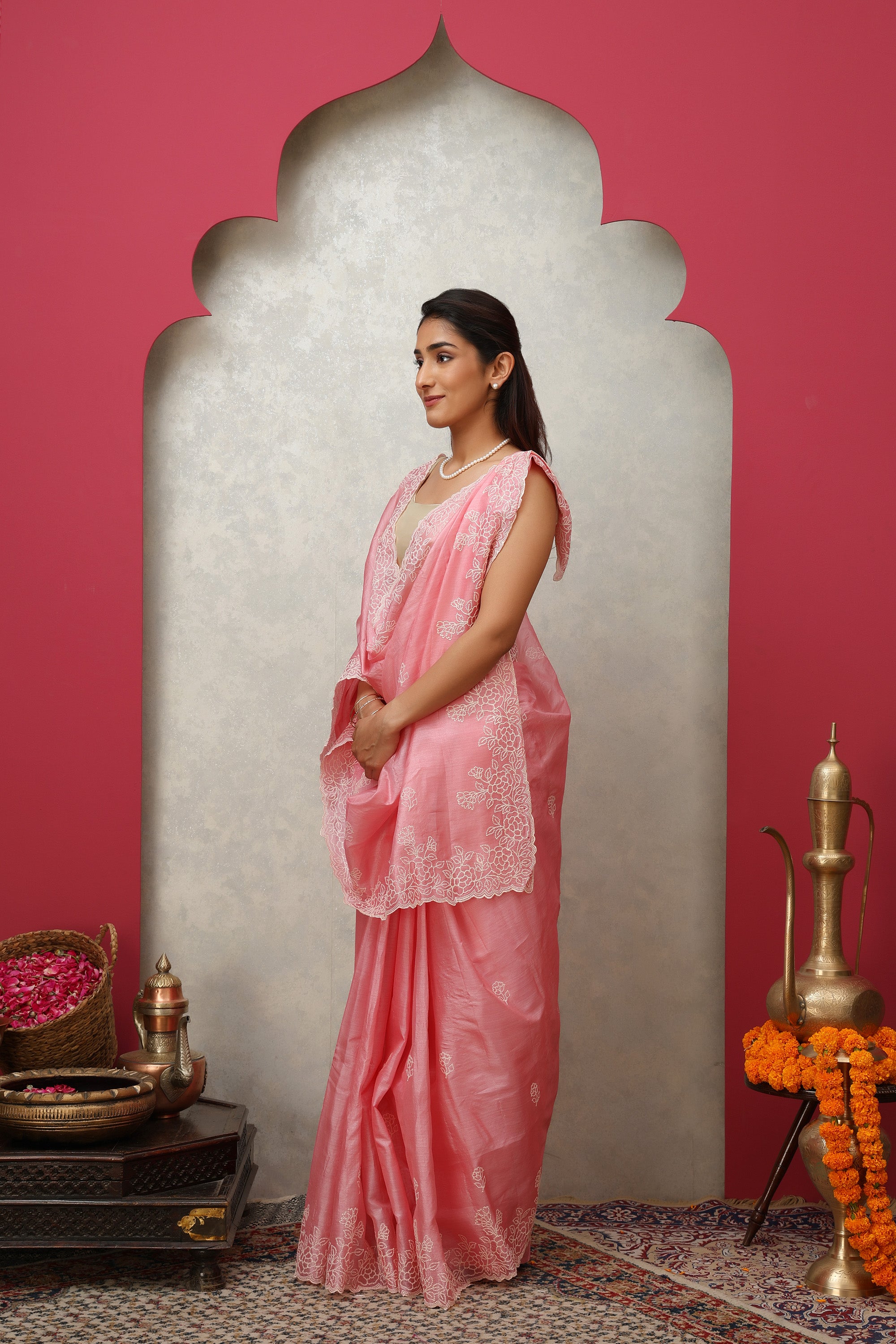 Chic Pomegranate Pink pure Tussar silk embroidered saree