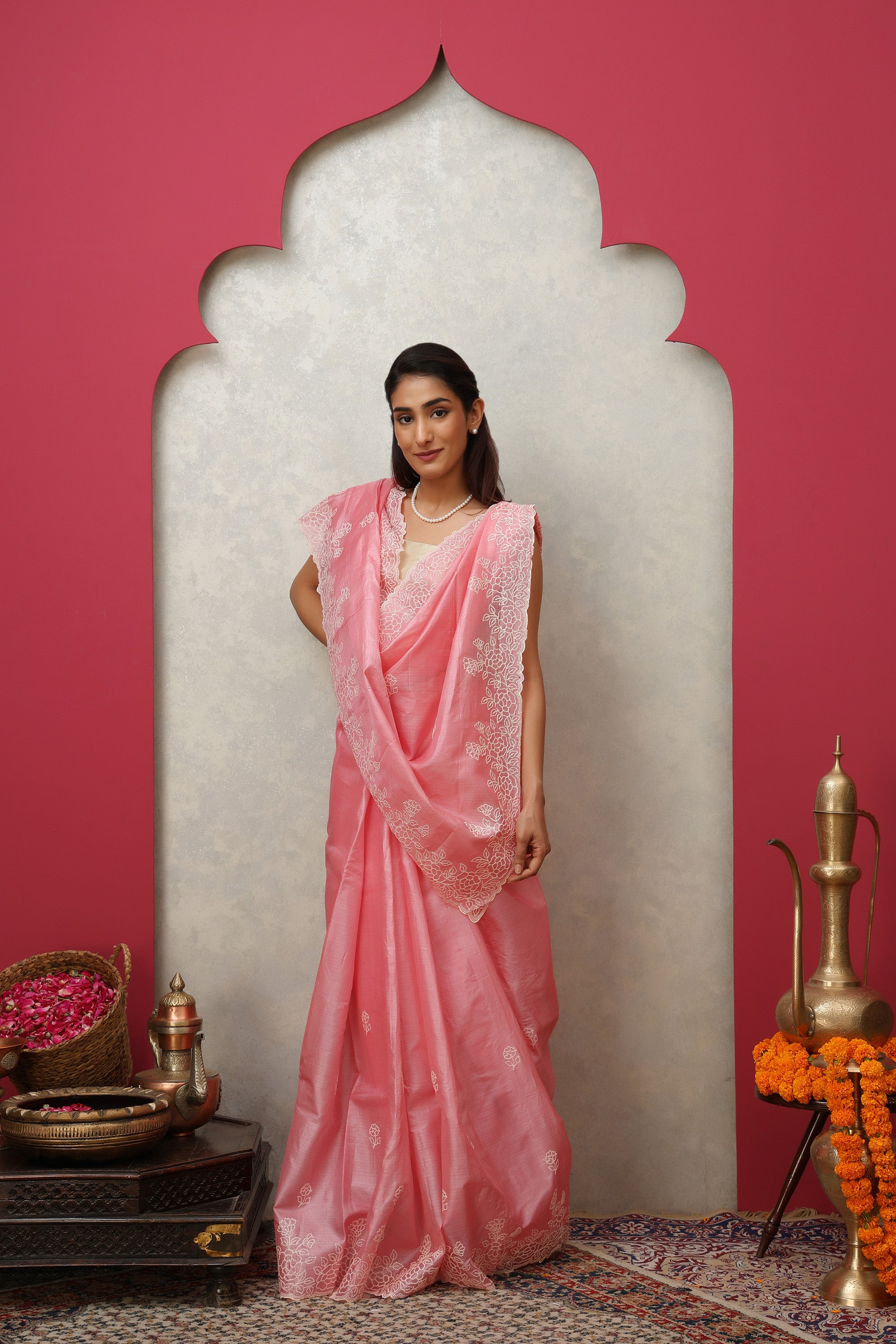 Chic Pomegranate Pink pure Tussar silk embroidered saree