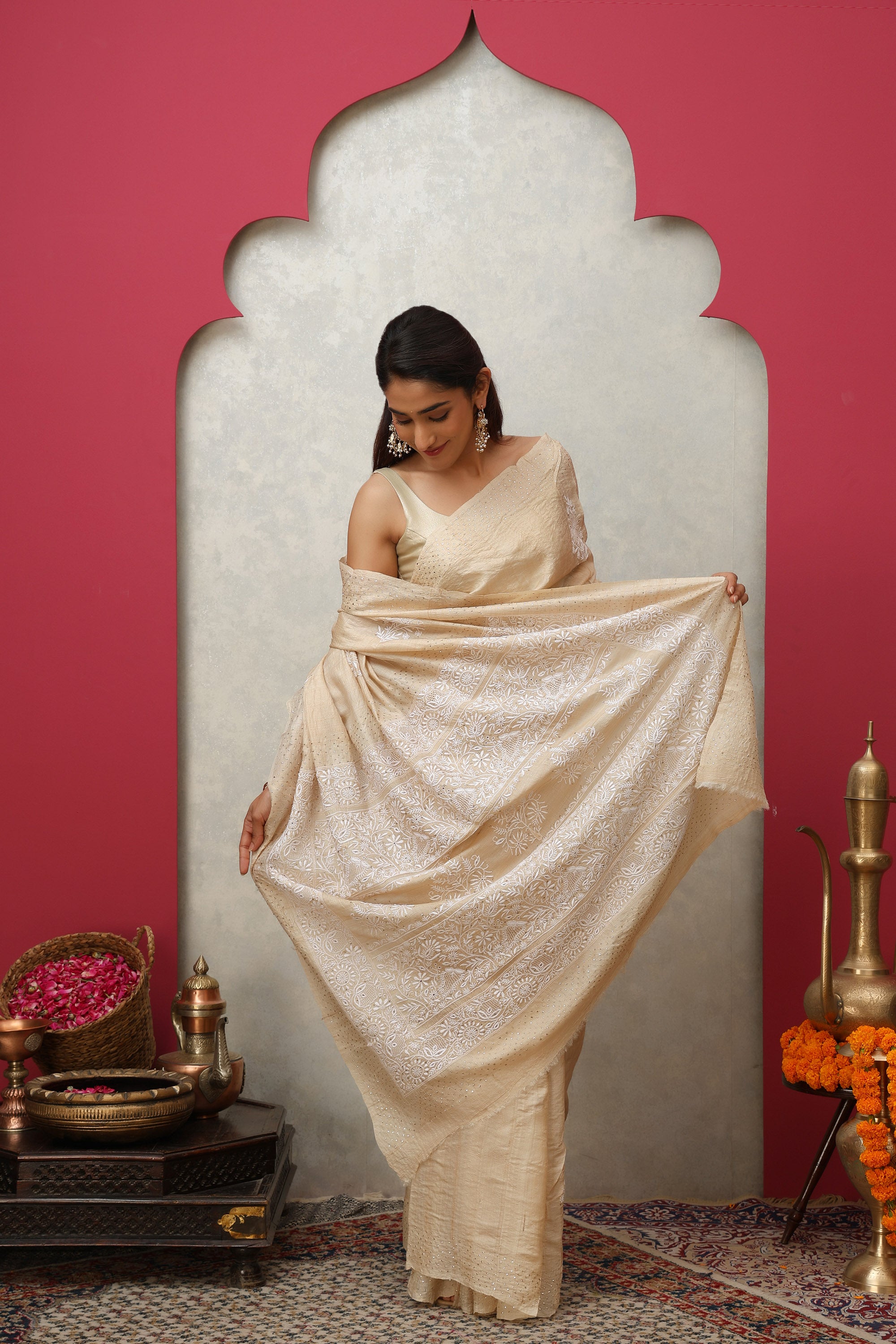 Beautiful Beige natural pure Khadi Silk hand embroidered Chikankari saree