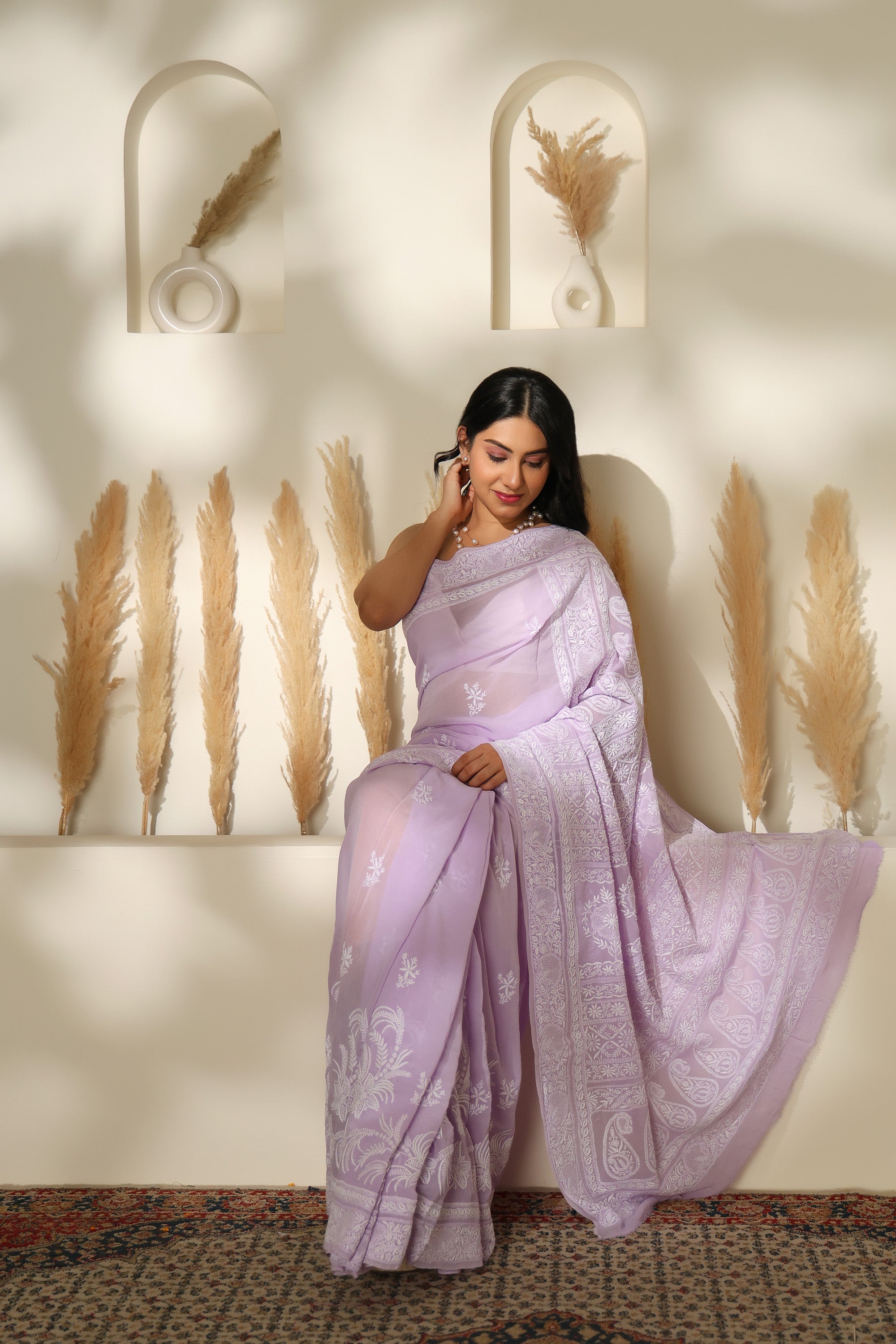 Summery dusty lavender pure georgette silk saree with hand embroidered Chikankari work