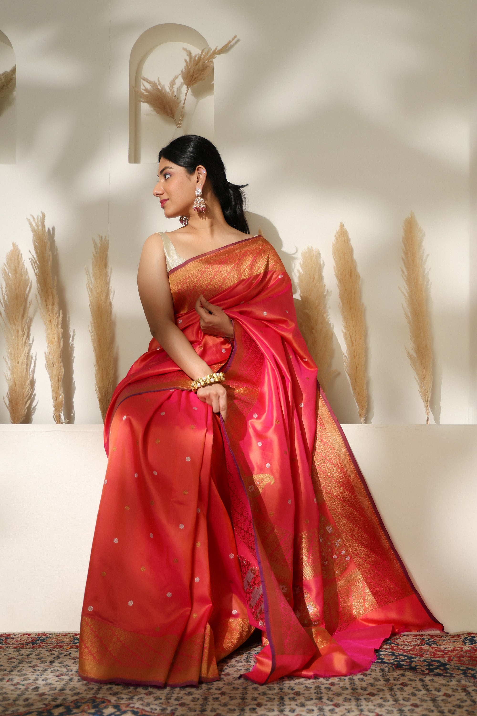Stunning vibrant coral pink pure katan silk saree