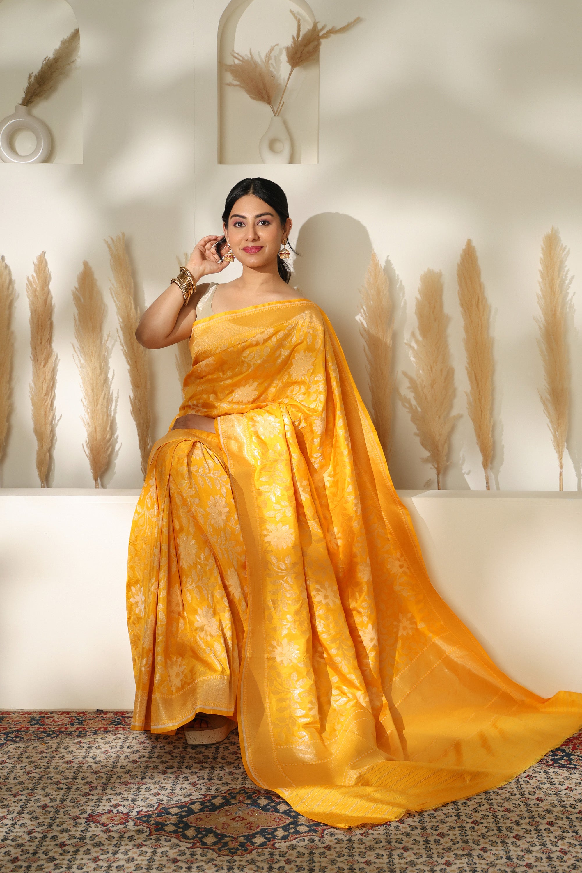 Vibrant marigold handwoven pure Katan silk Jamdani banarasi saree