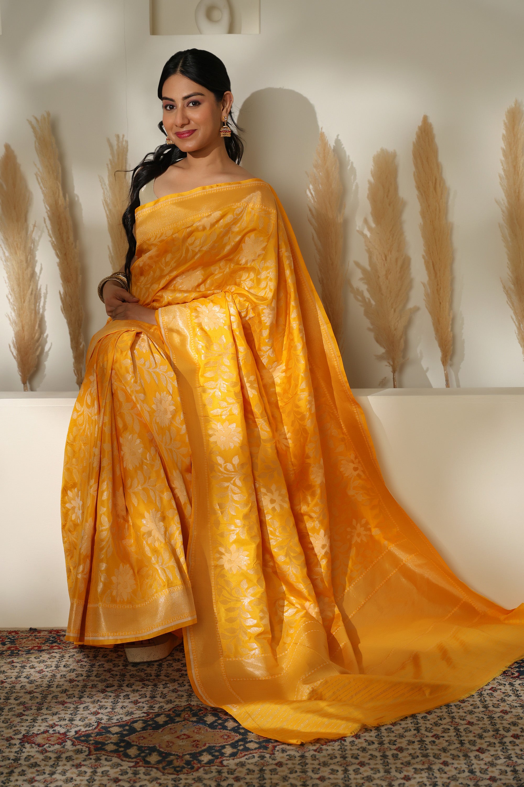 Vibrant marigold handwoven pure Katan silk Jamdani banarasi saree