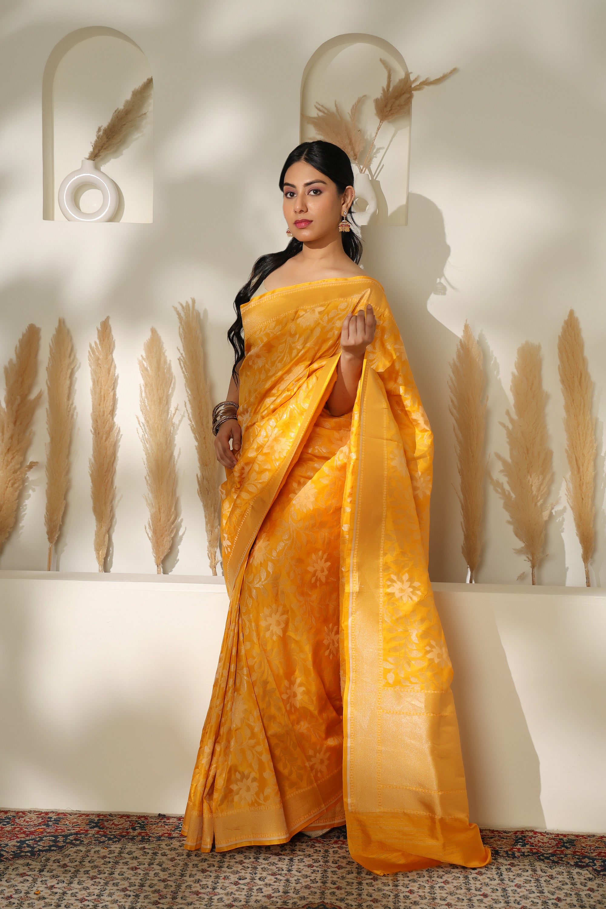 Vibrant marigold handwoven pure Katan silk Jamdani banarasi saree