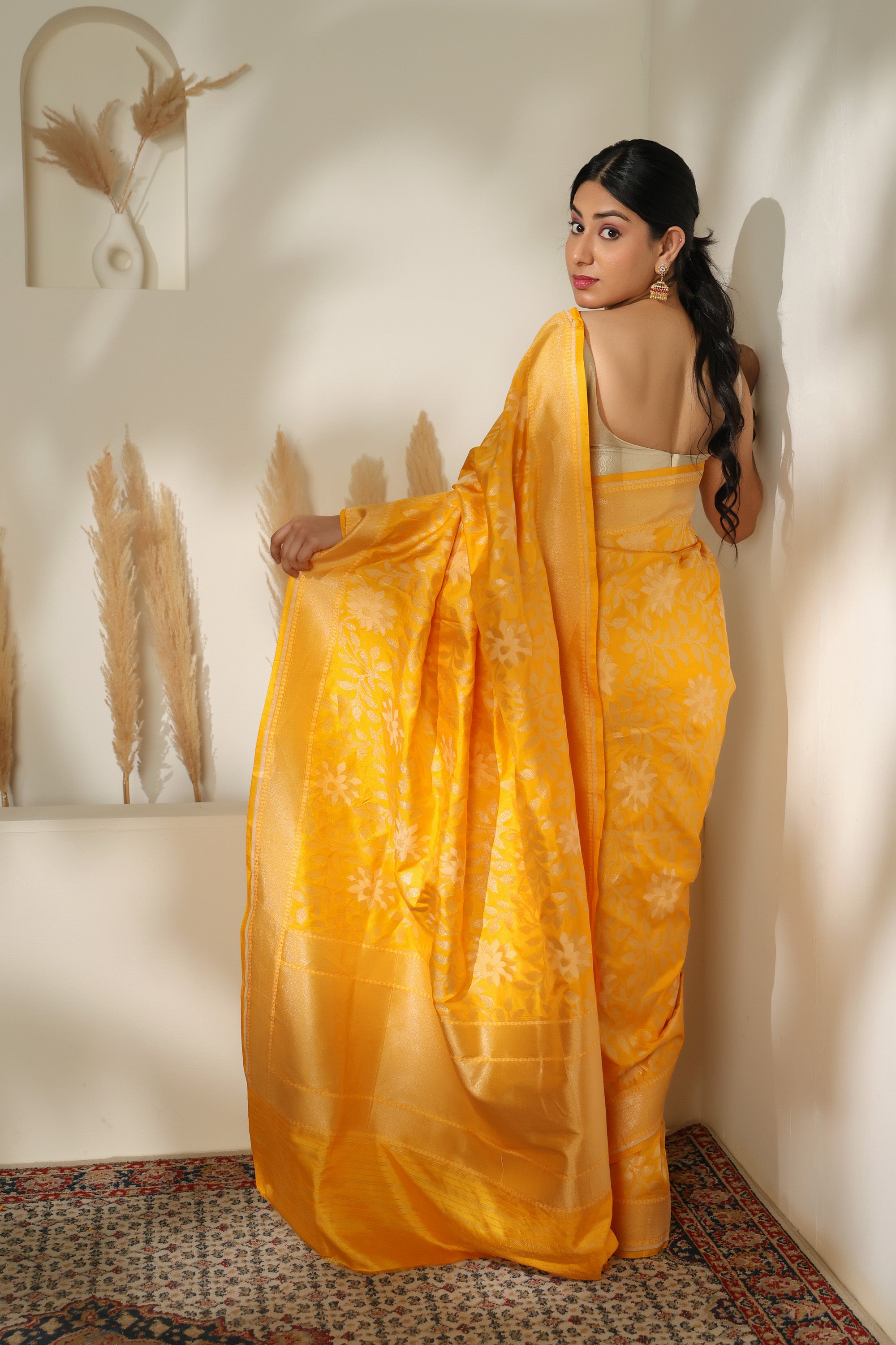 Vibrant marigold handwoven pure Katan silk Jamdani banarasi saree