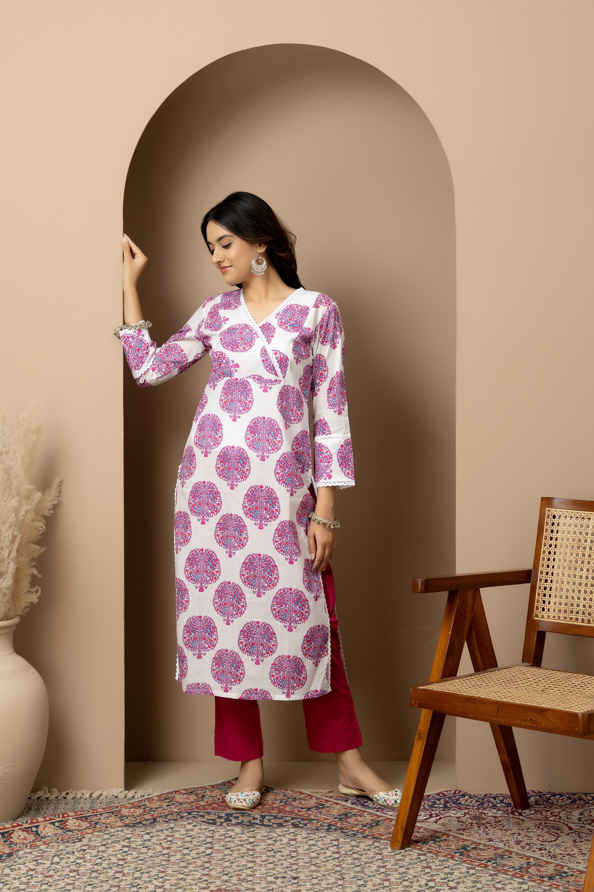 Gulbahar- White and pink tree print kurta