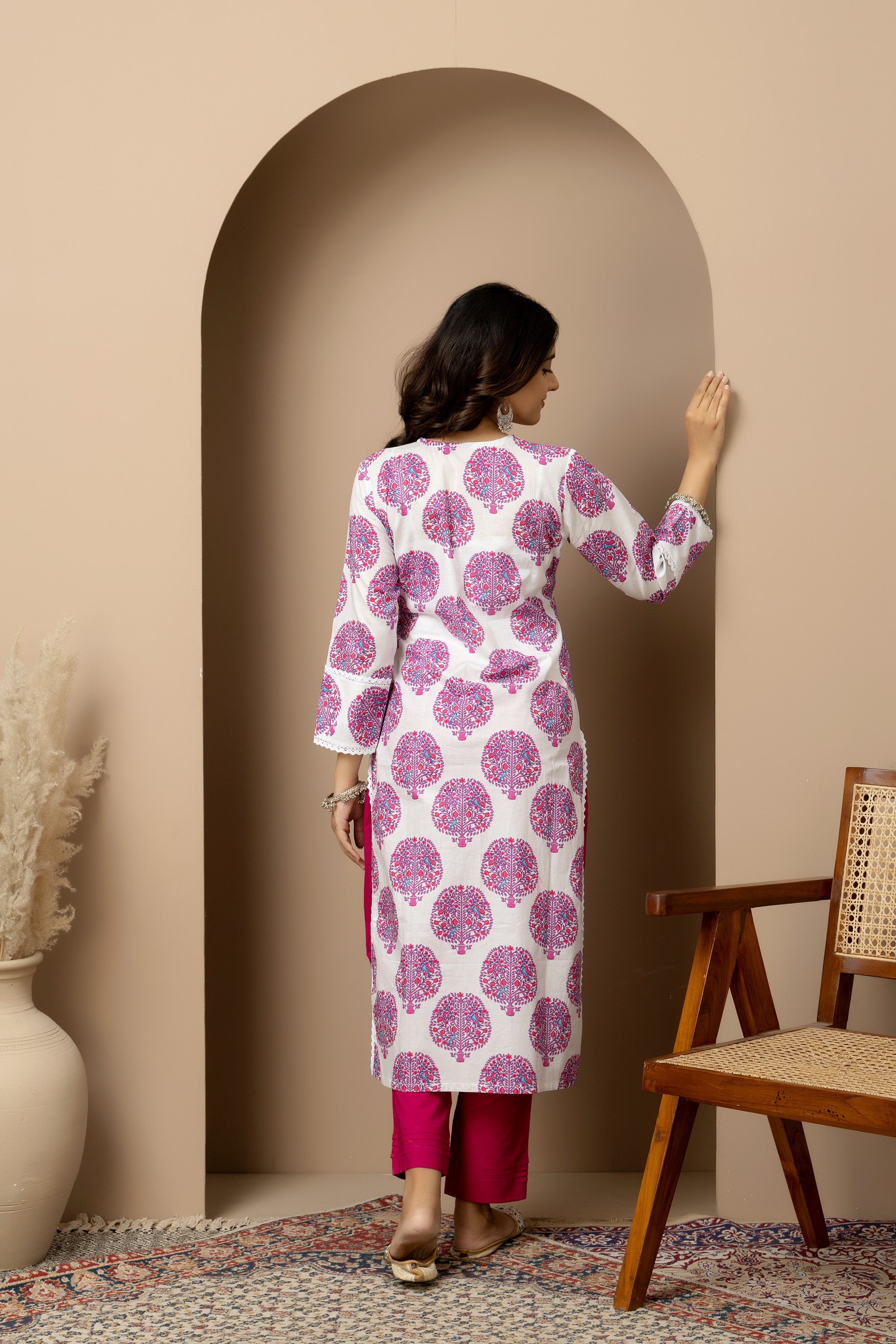 Gulbahar- White and pink tree print kurta