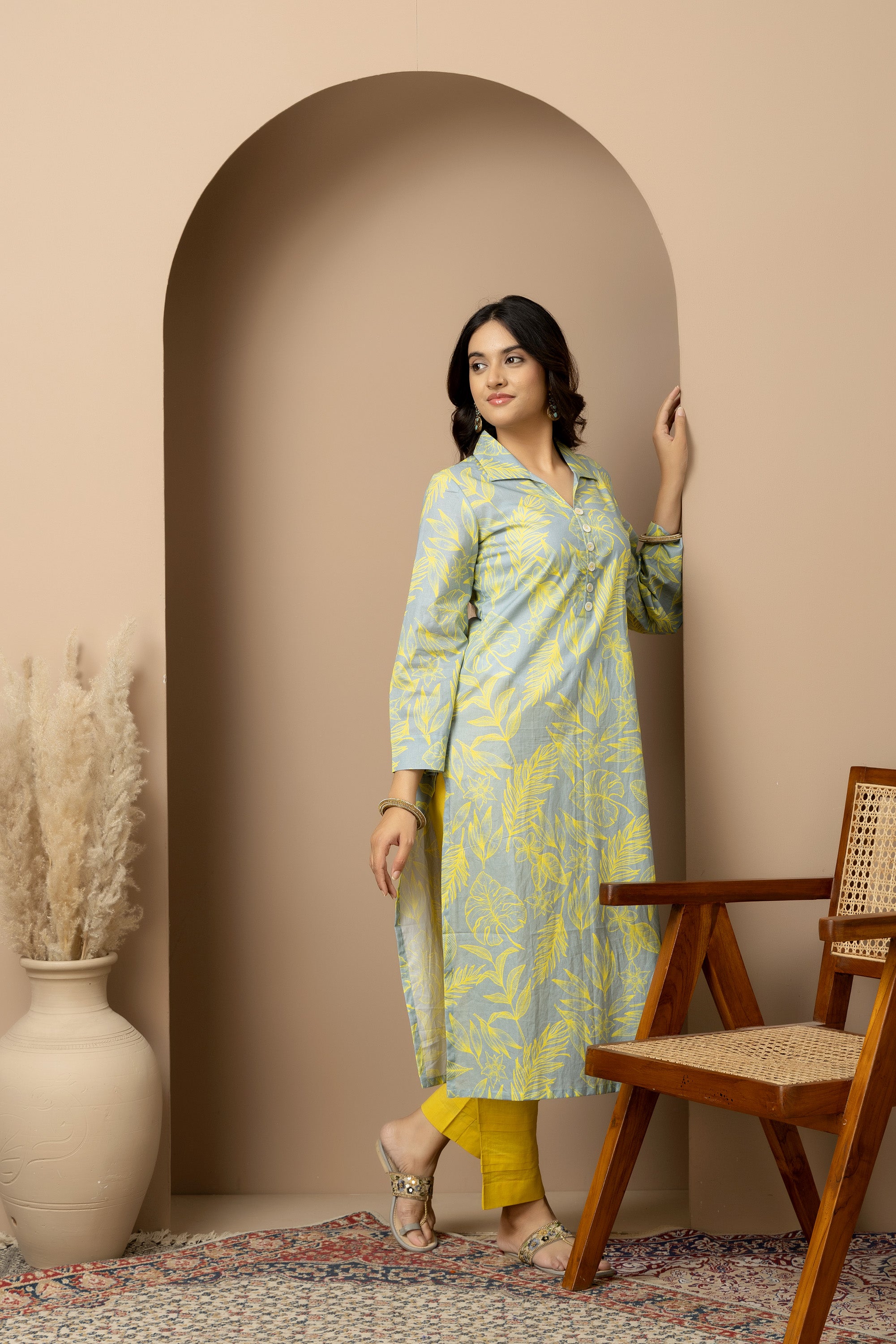 Citrus Bloom- Ash Grey cotton yellow leaf print Kurta