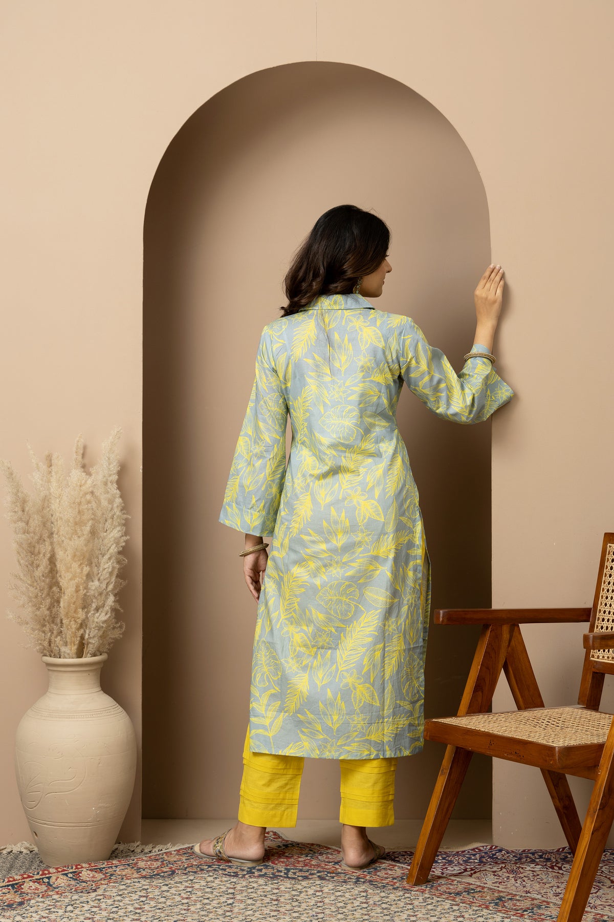 Citrus Bloom- Ash Grey cotton yellow leaf print Kurta