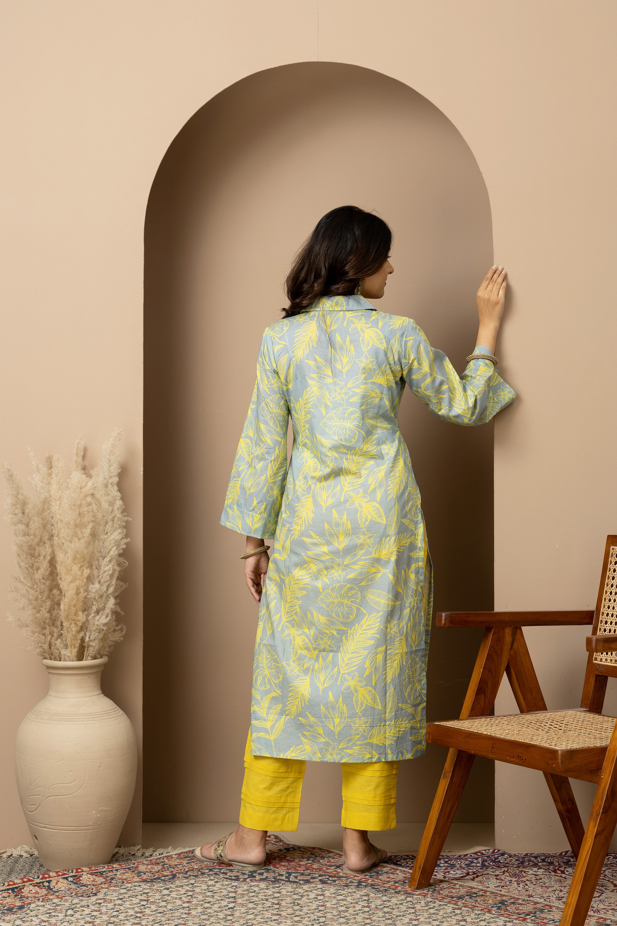 Citrus Bloom- Ash Grey cotton yellow leaf print Kurta