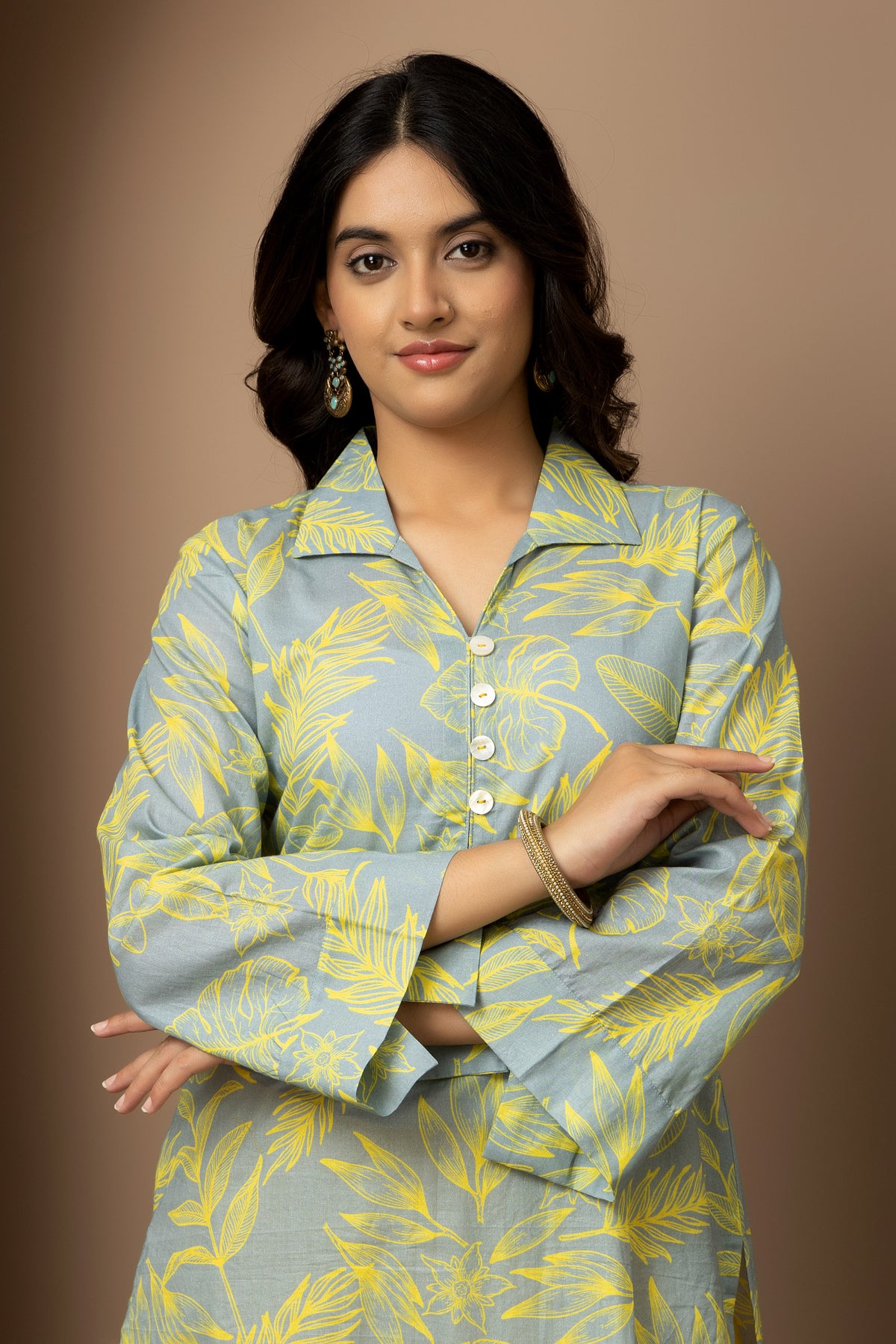 Citrus Bloom- Ash Grey cotton yellow leaf print Kurta