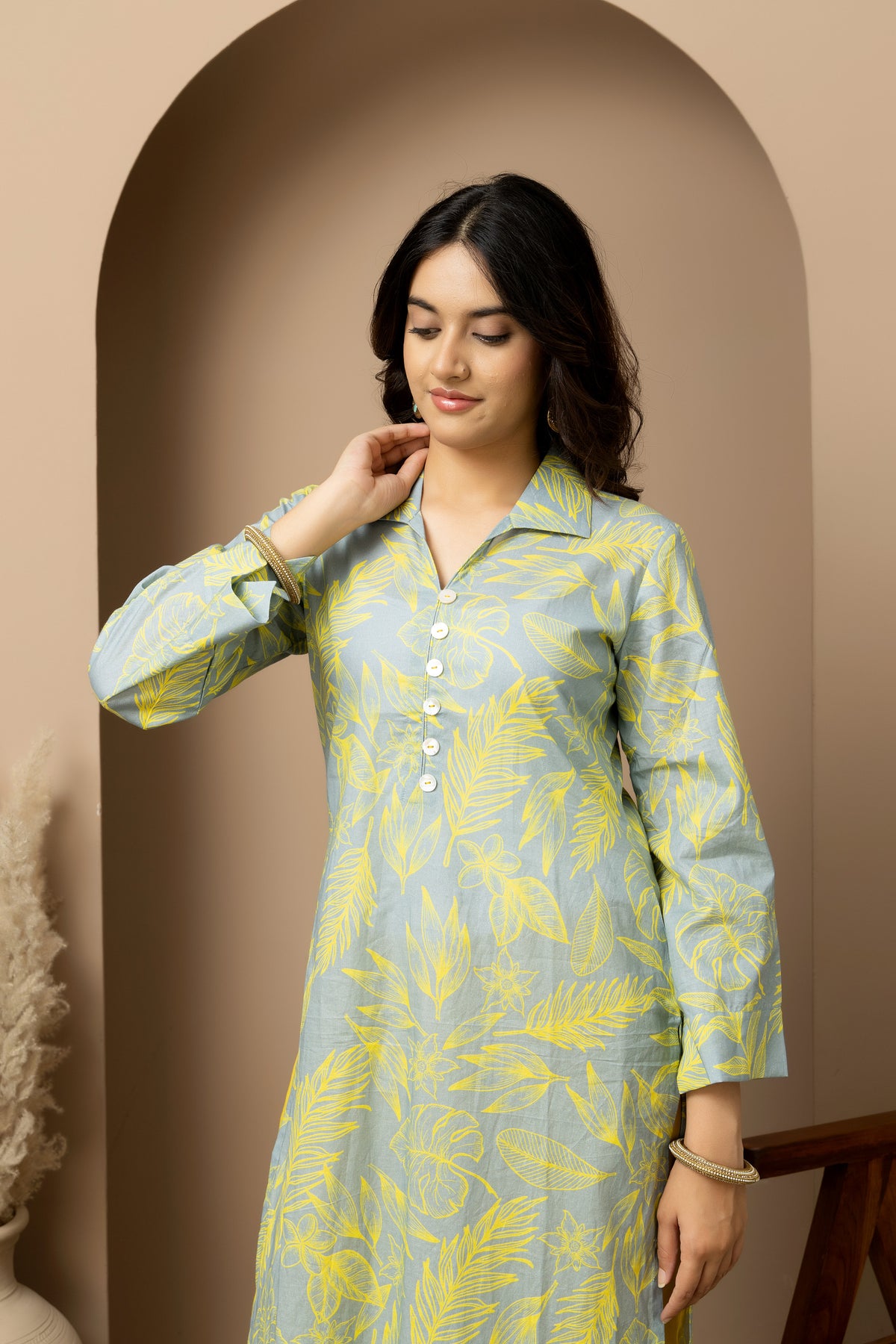 Citrus Bloom- Ash Grey cotton yellow leaf print Kurta