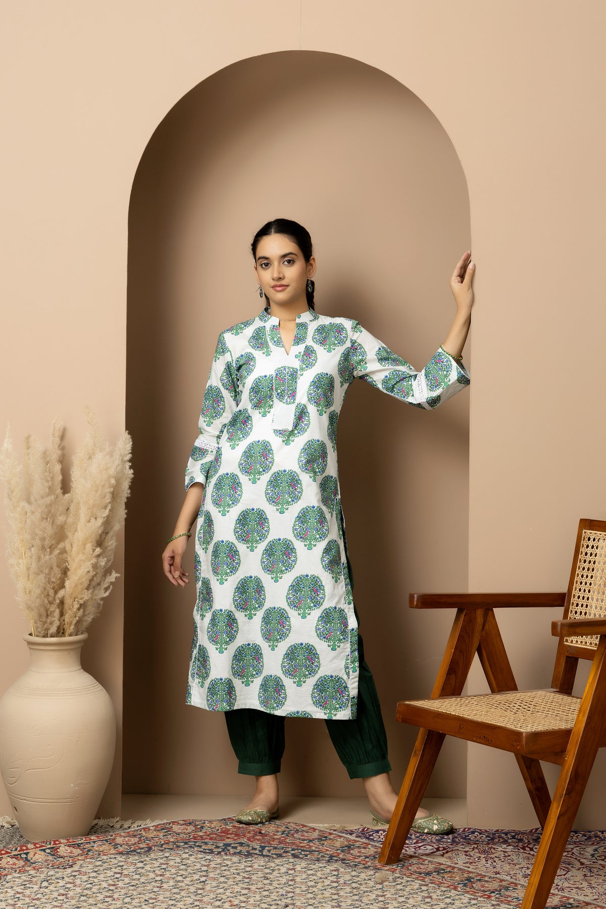 Ivory forest Bloom - White cotton tree print kurta with green Afghani pants