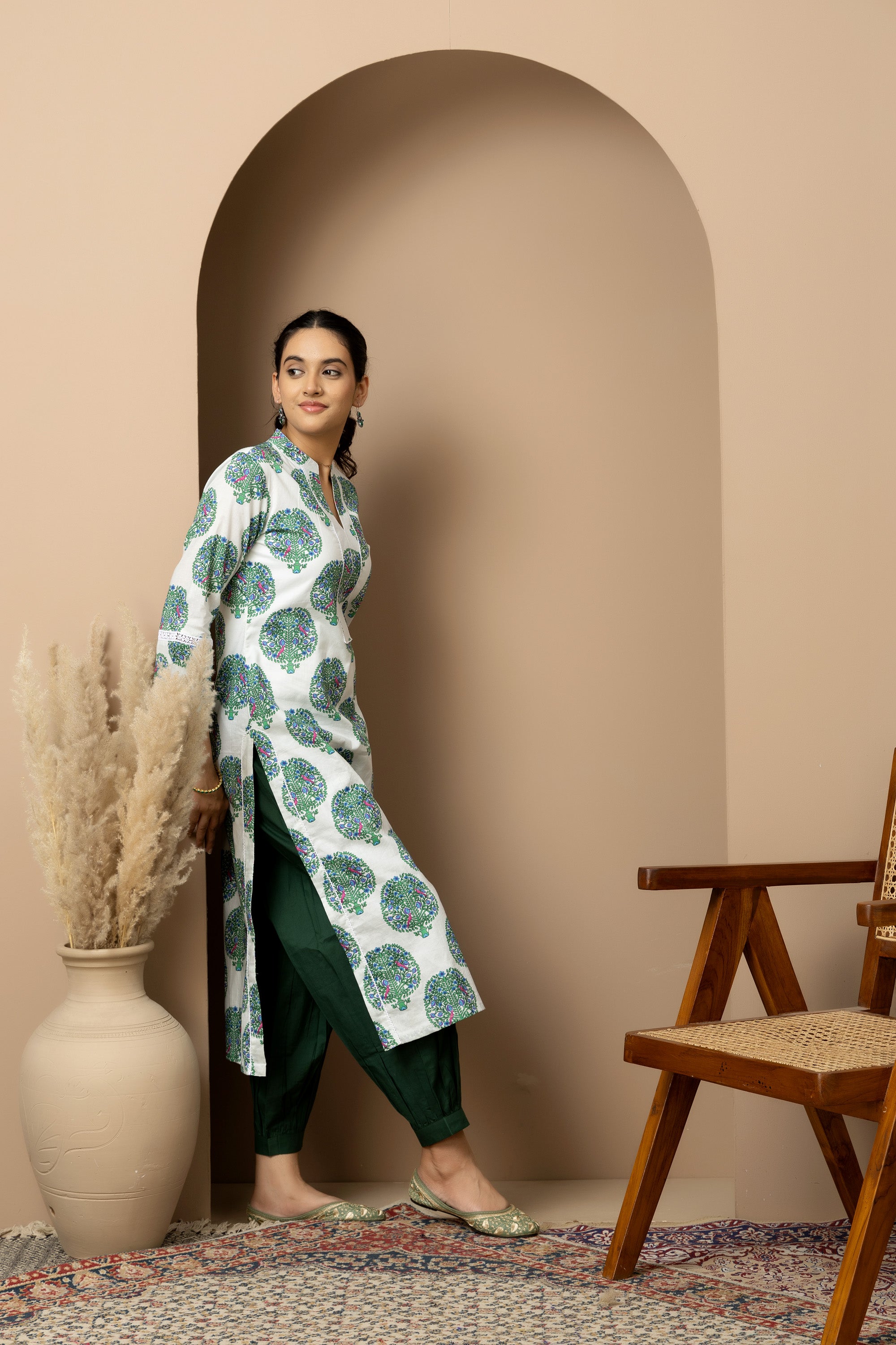 Ivory forest Bloom - White cotton tree print kurta