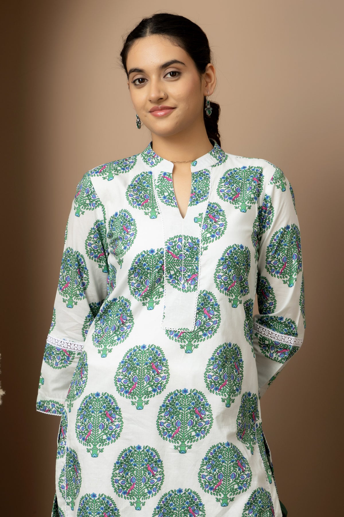 Ivory forest Bloom - White cotton tree print kurta with green Afghani pants