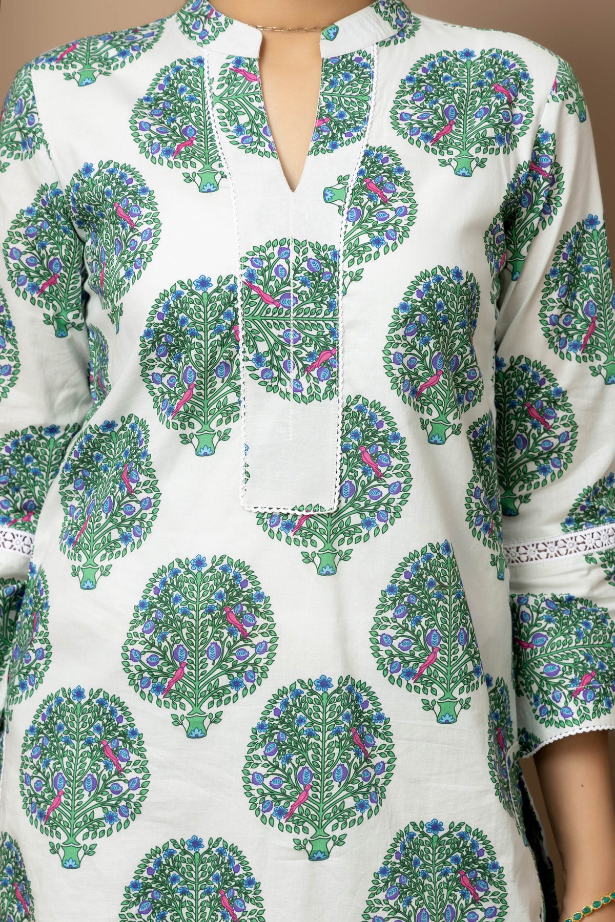 Ivory forest Bloom - White cotton tree print kurta
