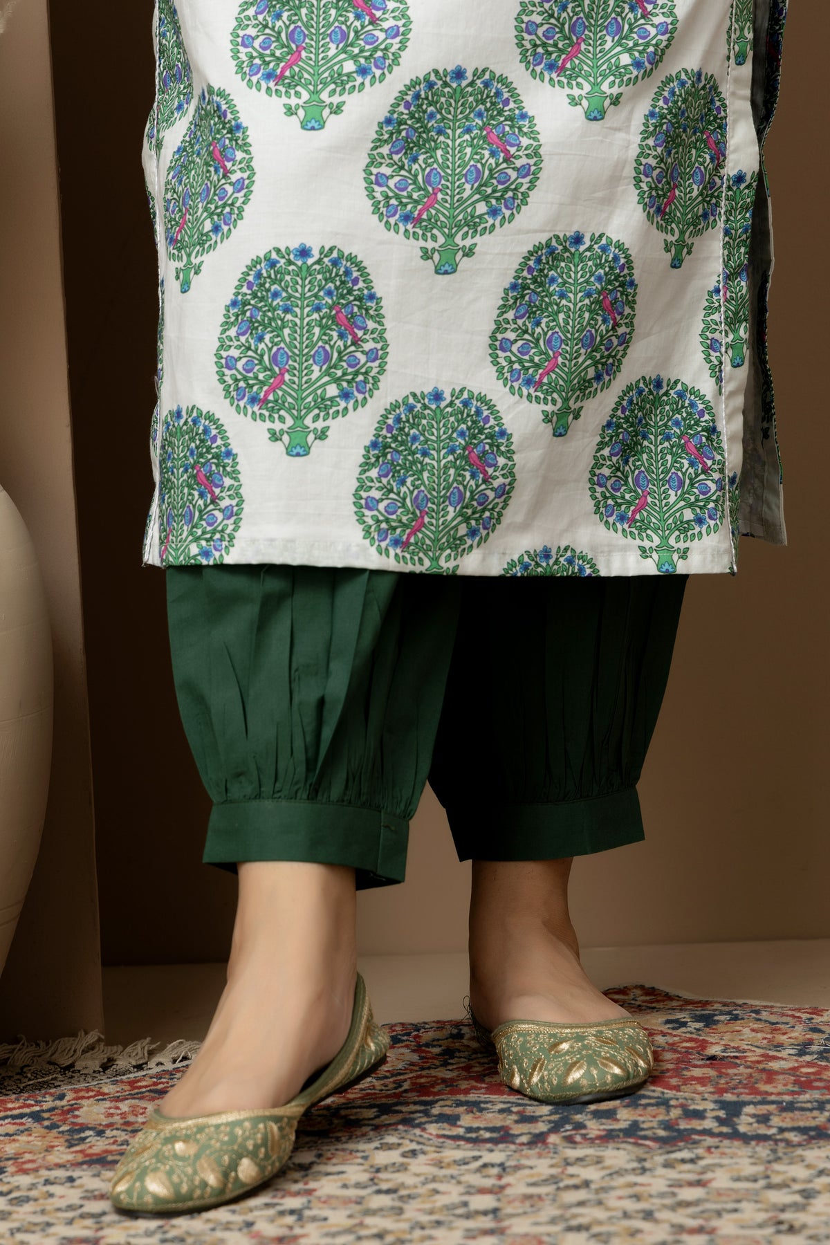 Ivory forest Bloom - White cotton tree print kurta with green Afghani pants