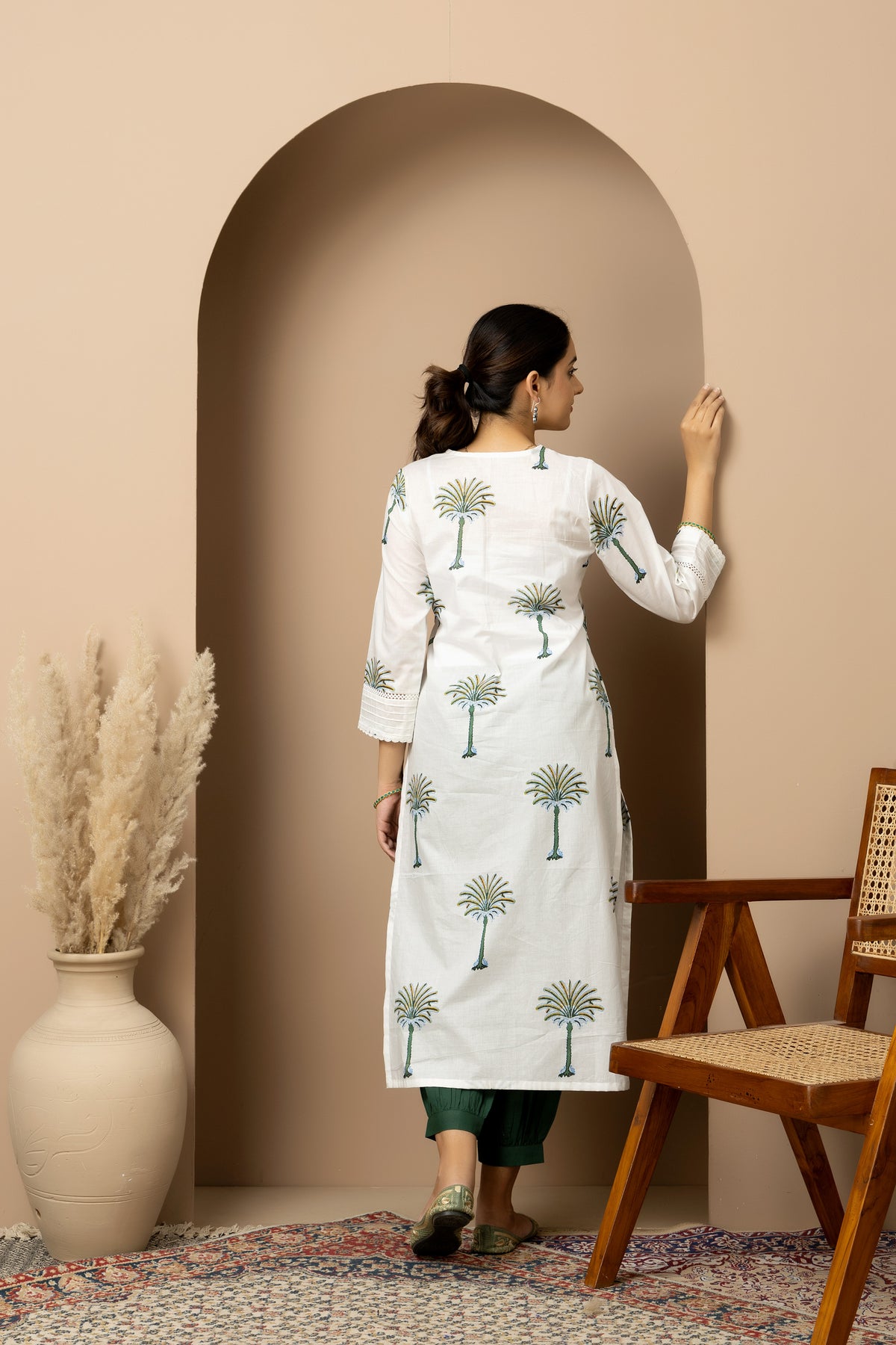 Ivory Palm whisper - White cotton palm print Kurta with green Afghani pants
