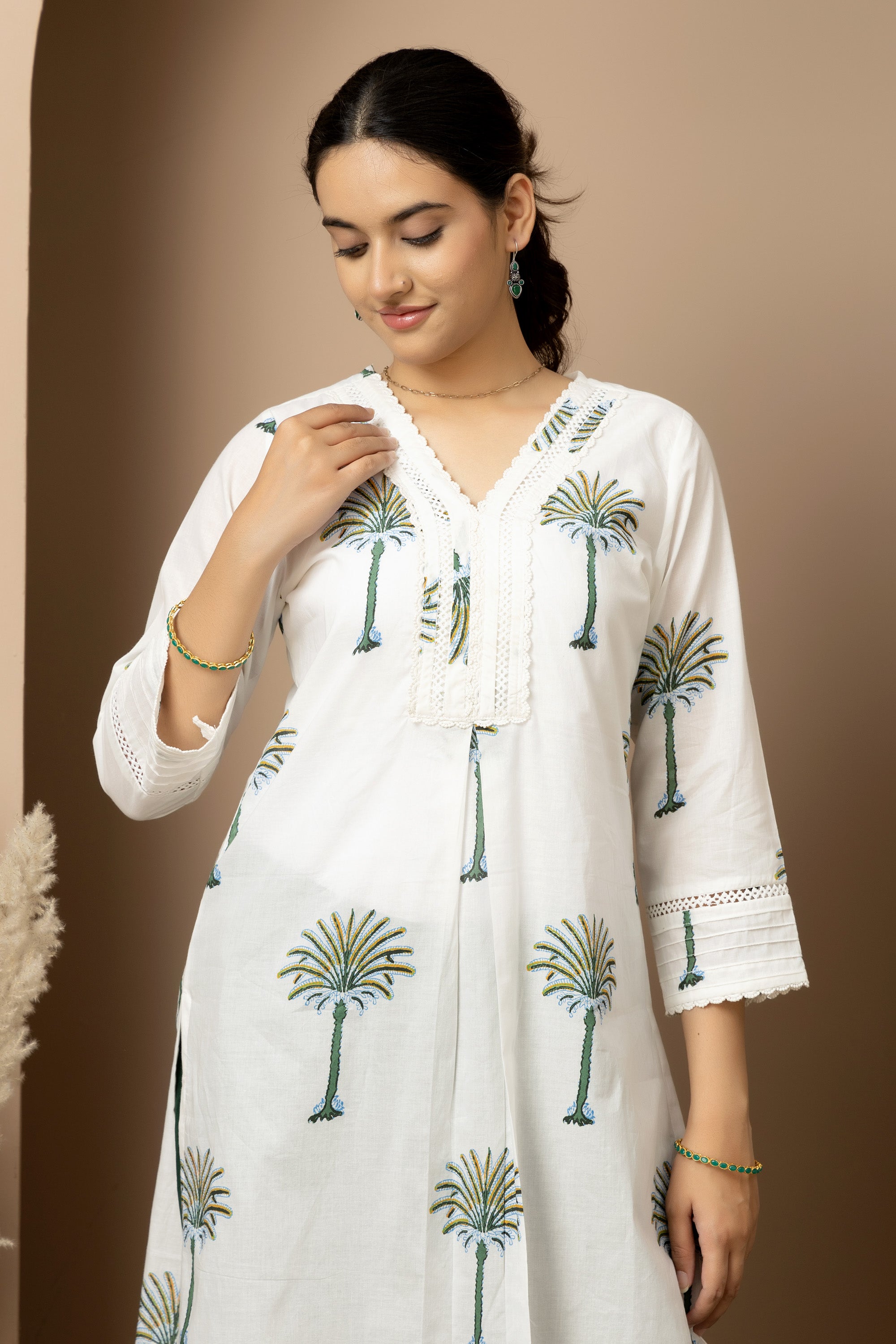 Ivory Palm whisper - White cotton palm print Kurta