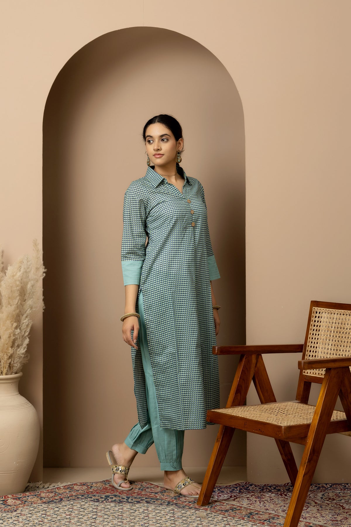 Neer- Aqua cotton geometric Kurta with green Afghani pants