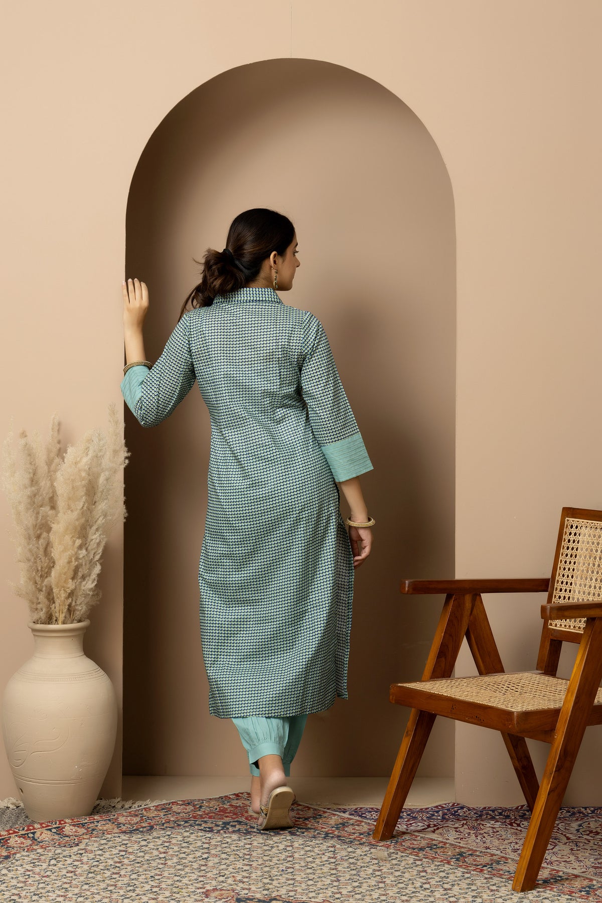 Neer- Aqua cotton geometric Kurta with green Afghani pants