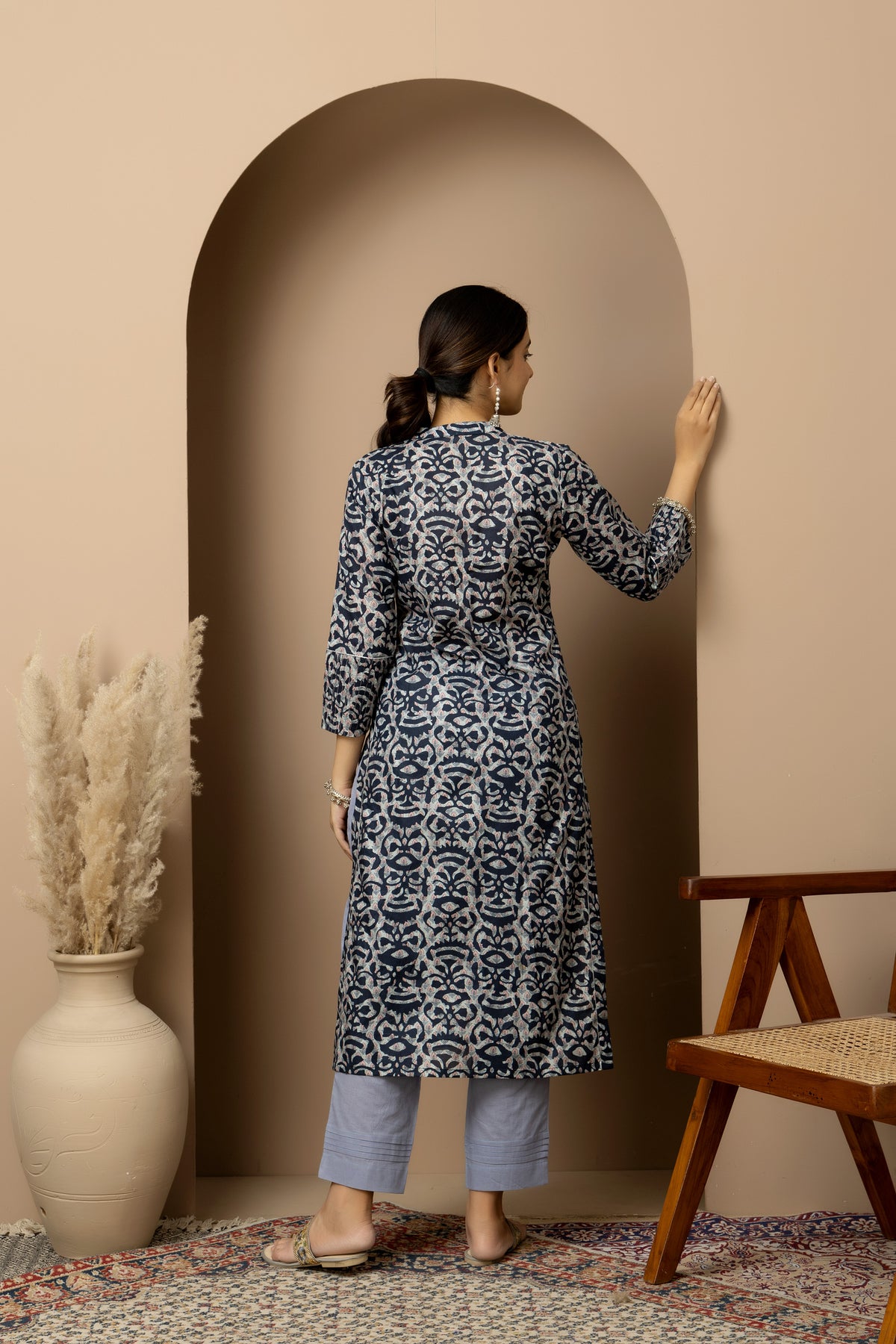 Midnight Indigo- soft ivory and indigo digital print Cotton Kurta with grey straight pants