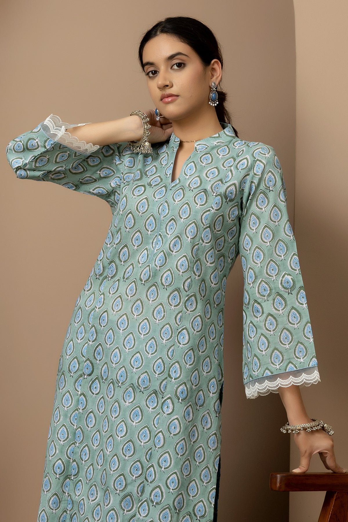 Aqua Petals- Cotton Kurta with blue Afghani pants