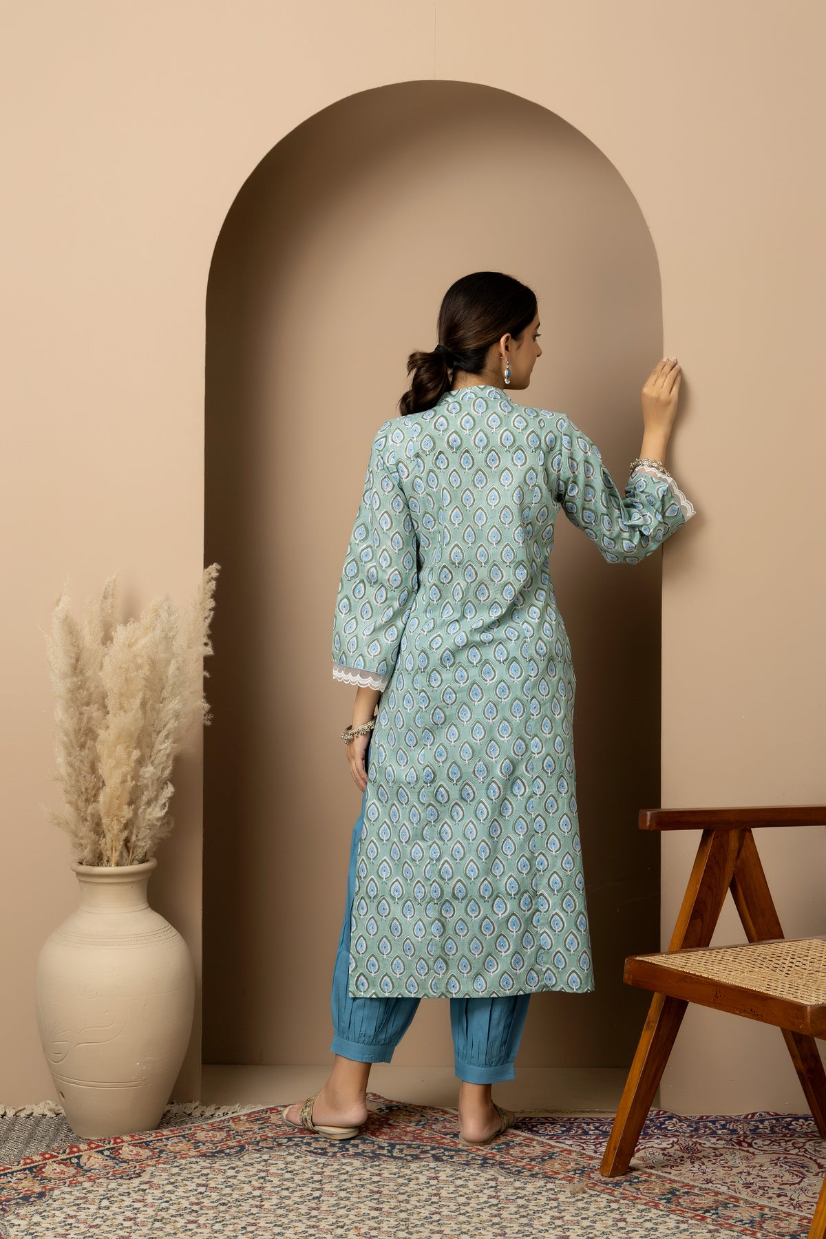 Aqua Petals- Cotton Kurta with blue Afghani pants