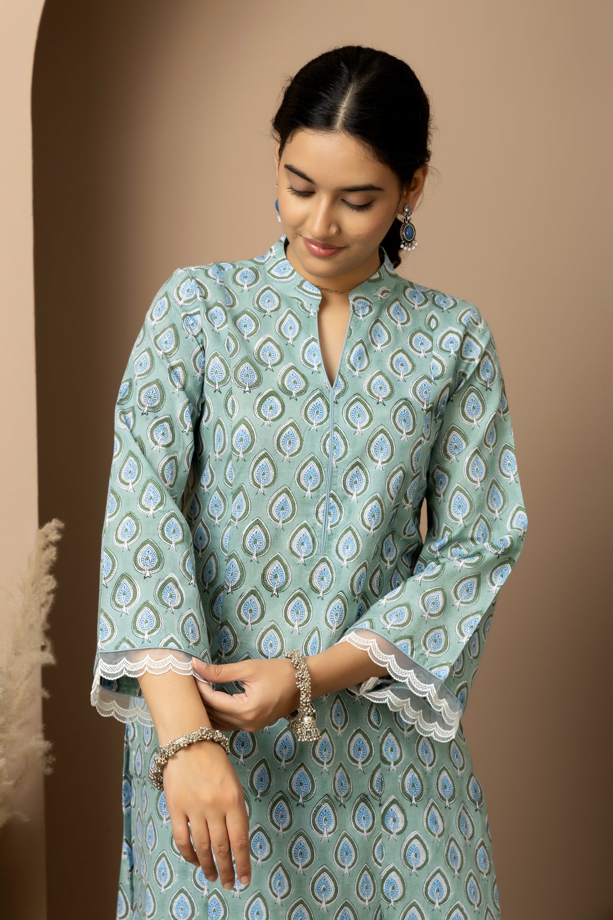 Aqua Petals- Cotton Kurta with blue Afghani pants