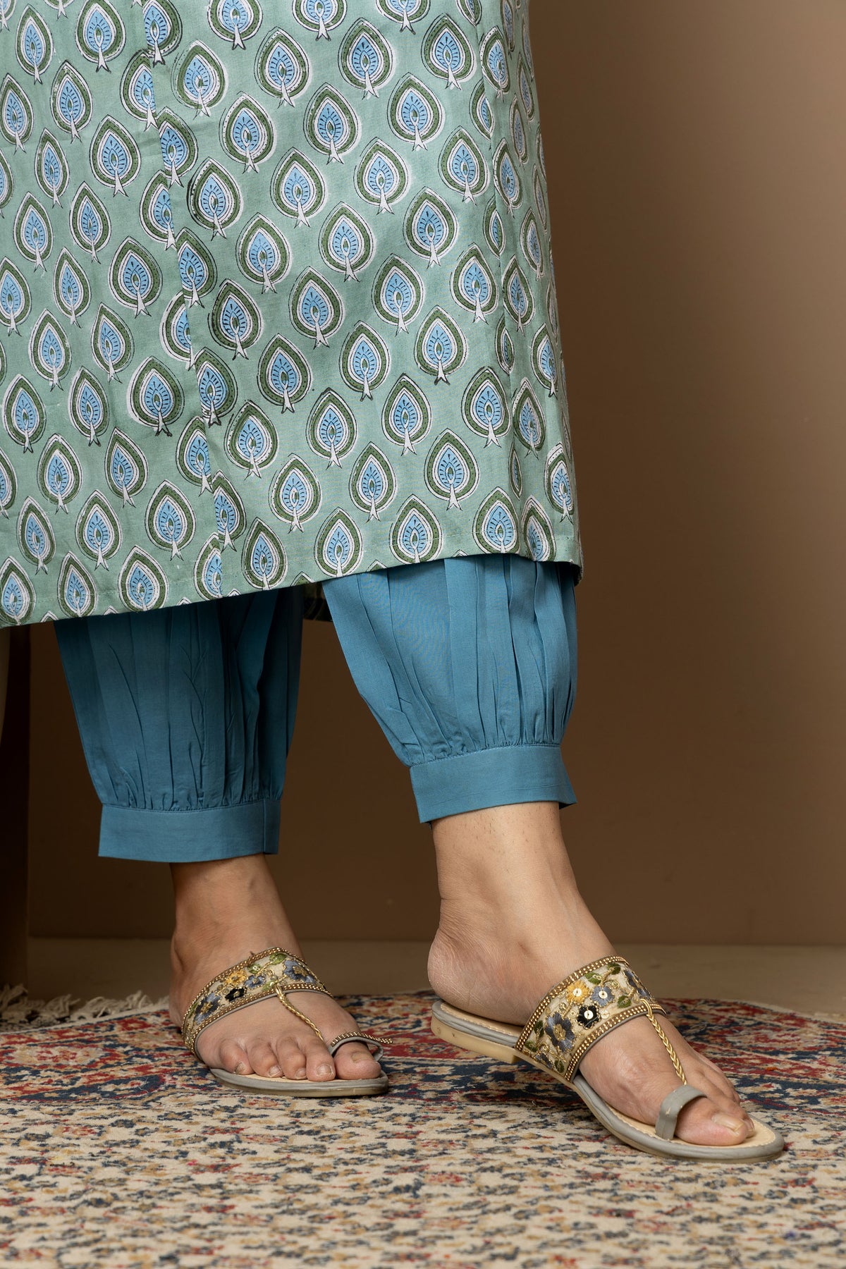 Aqua Petals- Cotton Kurta with blue Afghani pants