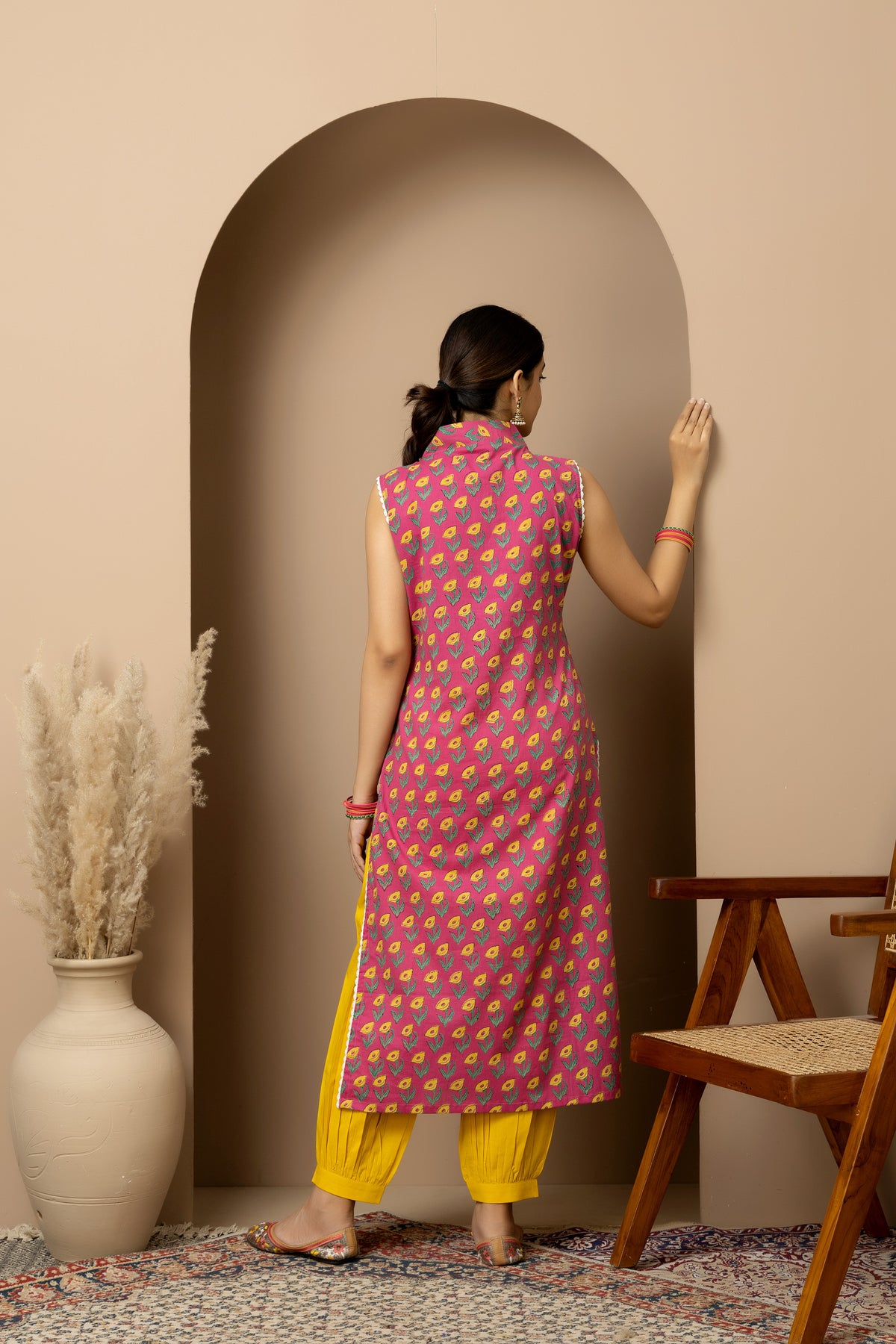 Berry Bloom- Berry pink floral cotton Sleeveless Kurta with yellow Afghani pants