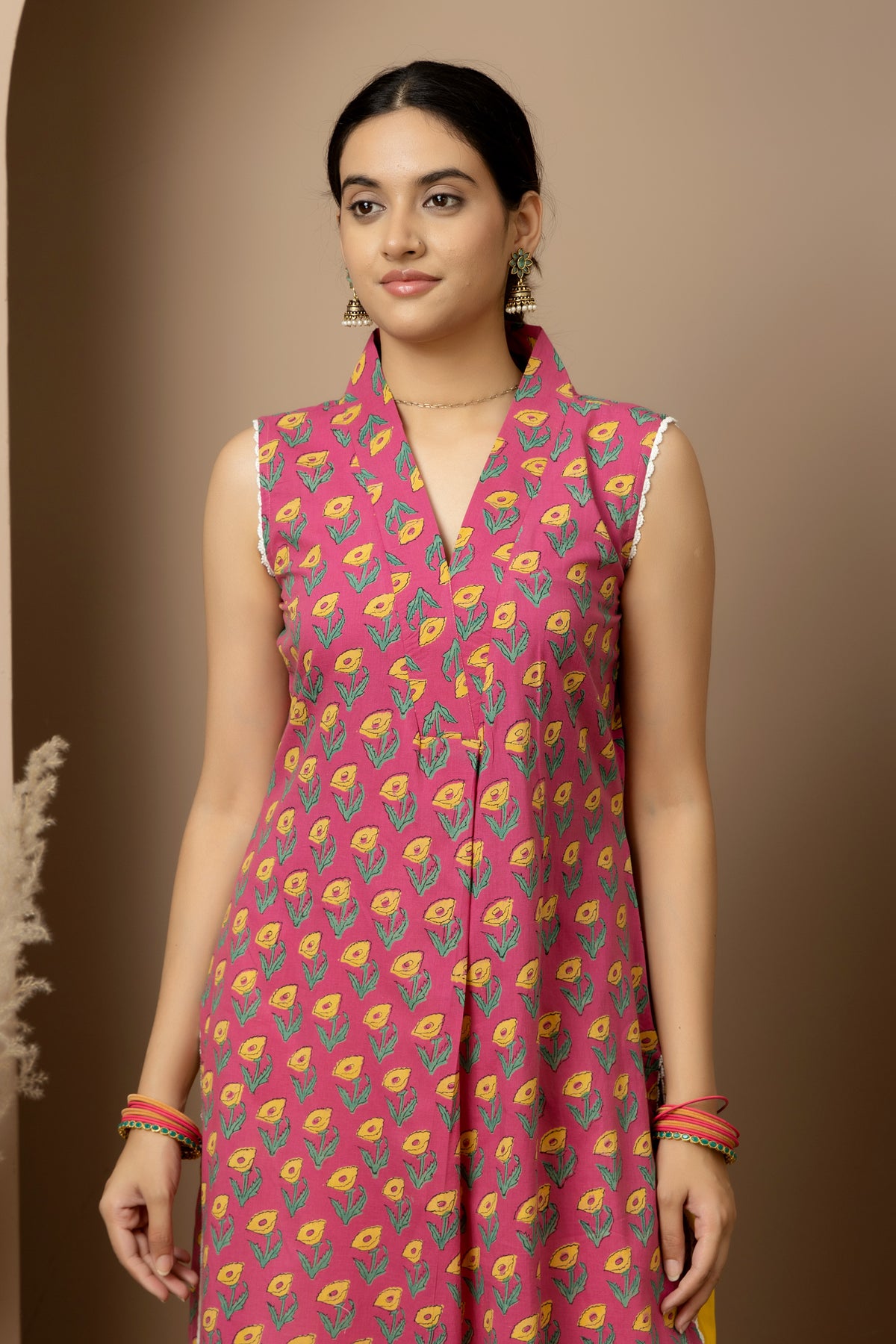 Berry Bloom- Berry pink floral cotton Sleeveless Kurta with yellow Afghani pants