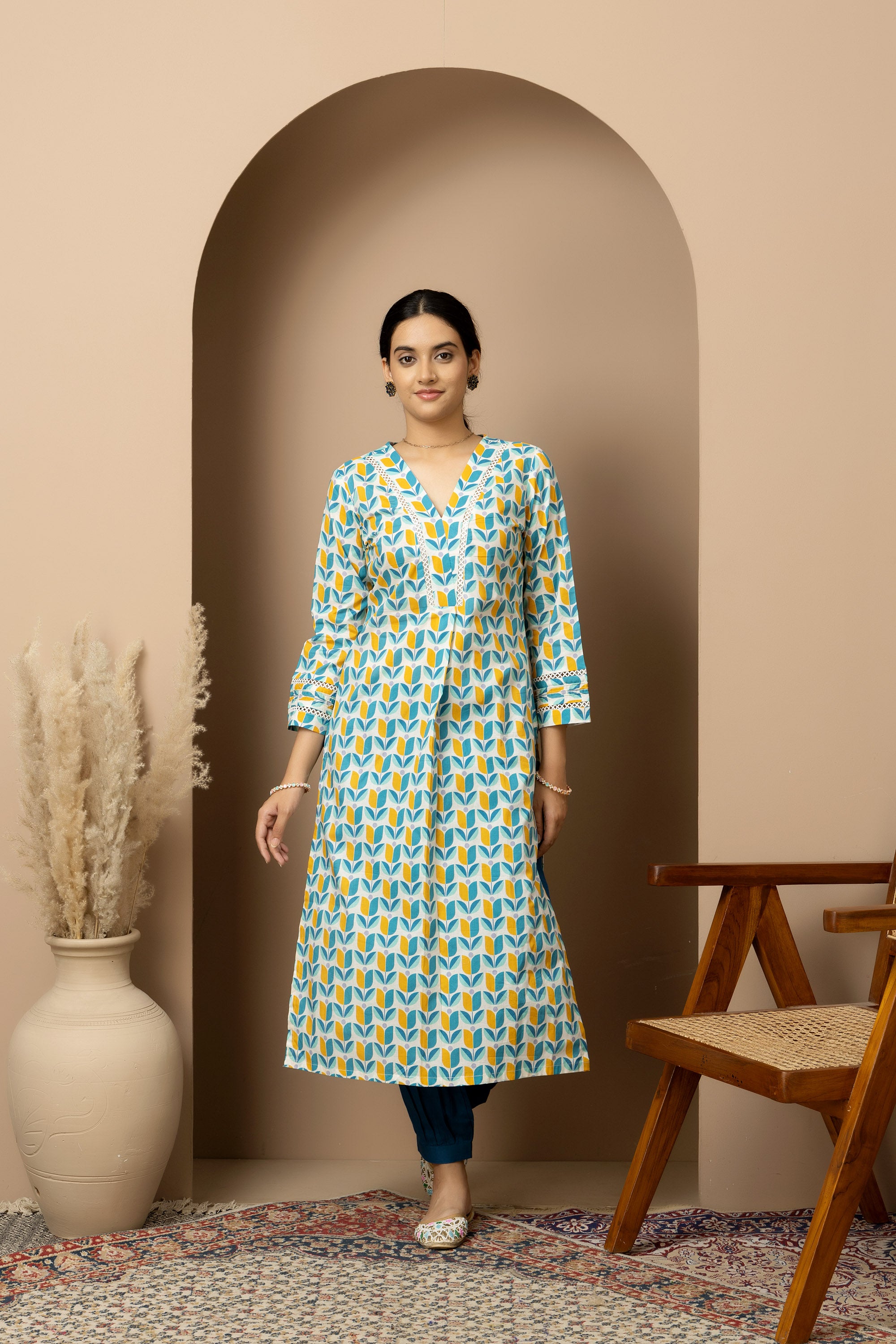 Coastal Bloom- aqua blue and mustard print on white cotton kurta