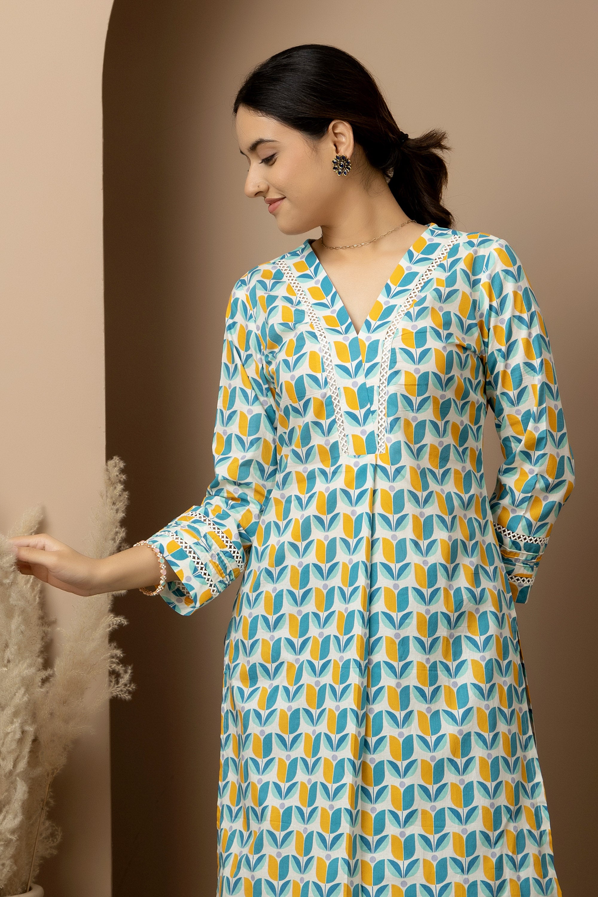 Coastal Bloom- aqua blue and mustard print on white cotton kurta